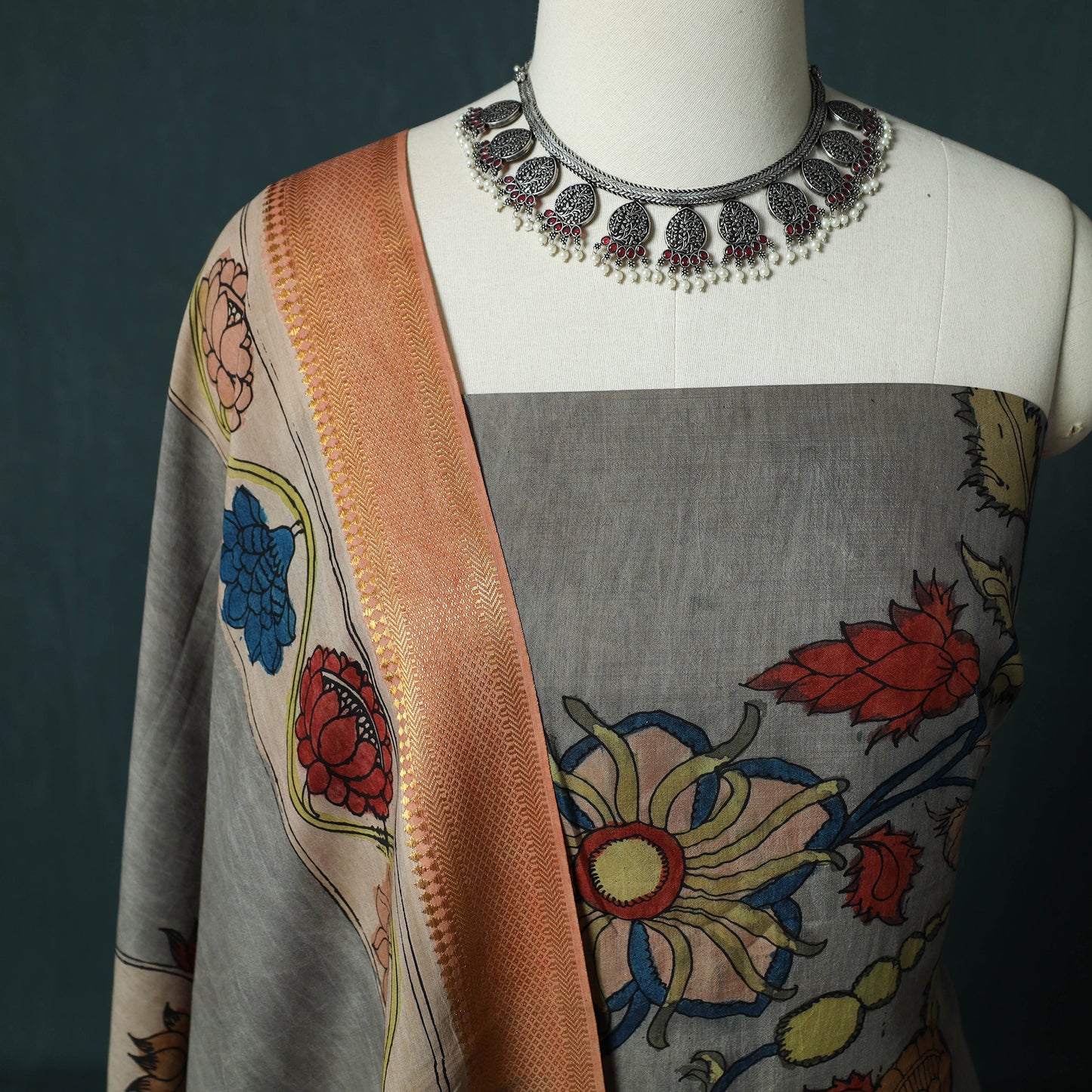Handpainted Srikalahasti Pen Work Kalamkari Natural Dyed Bangalore Silk 2pc Unstitched Dress Material Kurta Set 36
