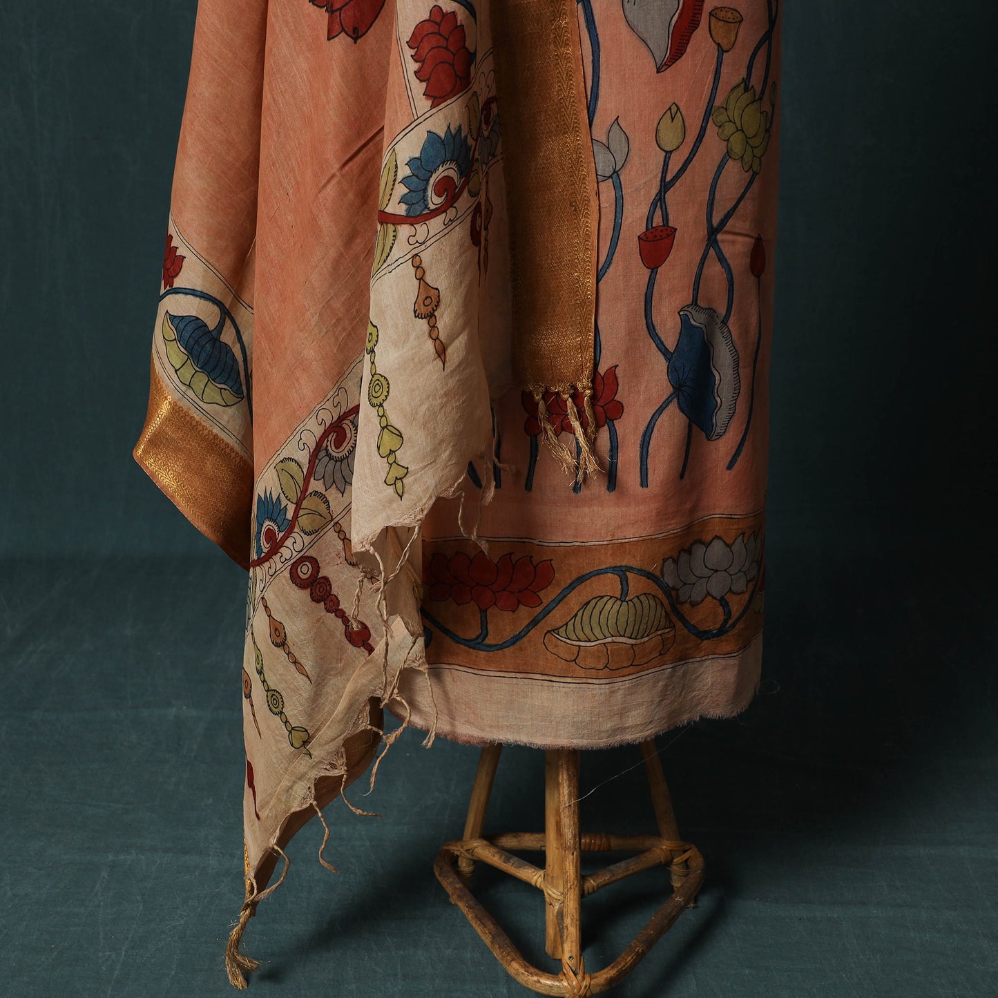 Handpainted Srikalahasti Pen Work Kalamkari Natural Dyed Bangalore Silk 2pc Unstitched Dress Material Kurta Set 37