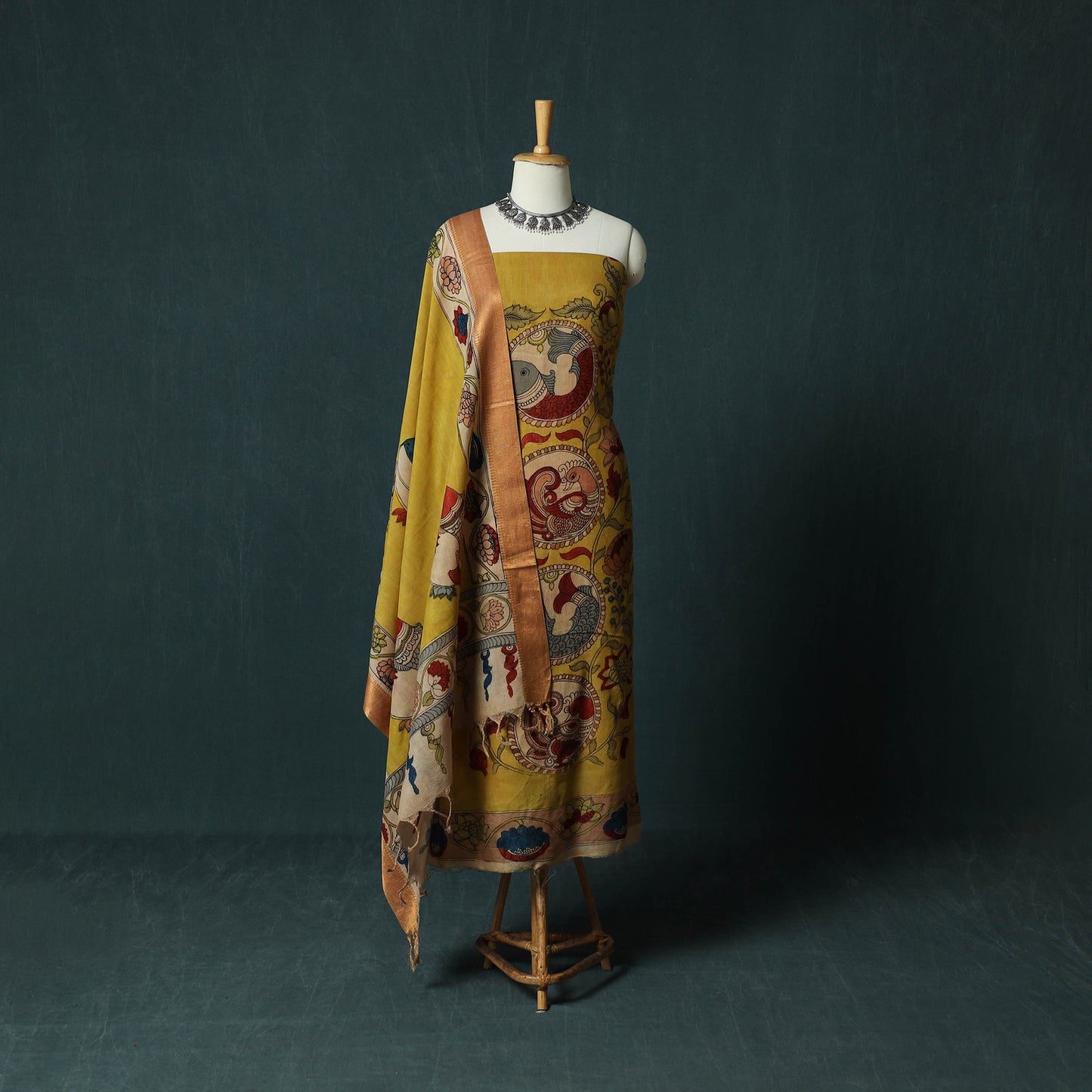 Handpainted Srikalahasti Pen Work Kalamkari Natural Dyed Bangalore Silk 2pc Unstitched Dress Material Kurta Set 38