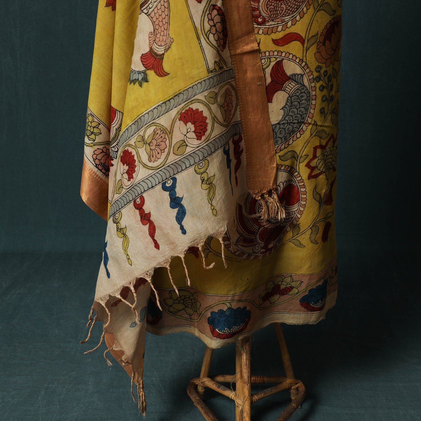 Handpainted Srikalahasti Pen Work Kalamkari Natural Dyed Bangalore Silk 2pc Unstitched Dress Material Kurta Set 38