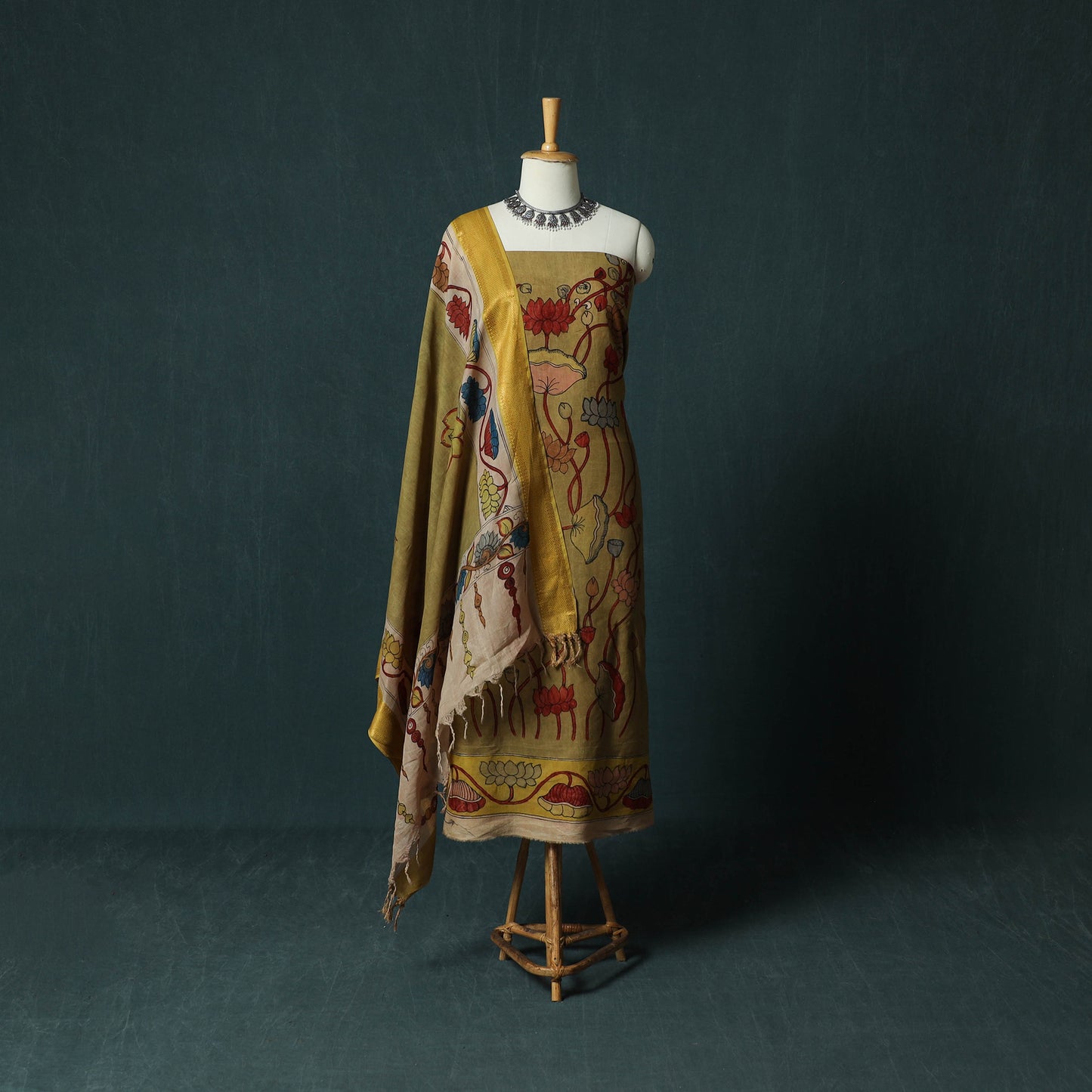 Handpainted Srikalahasti Pen Work Kalamkari Natural Dyed Bangalore Silk 2pc Unstitched Dress Material Kurta Set 39