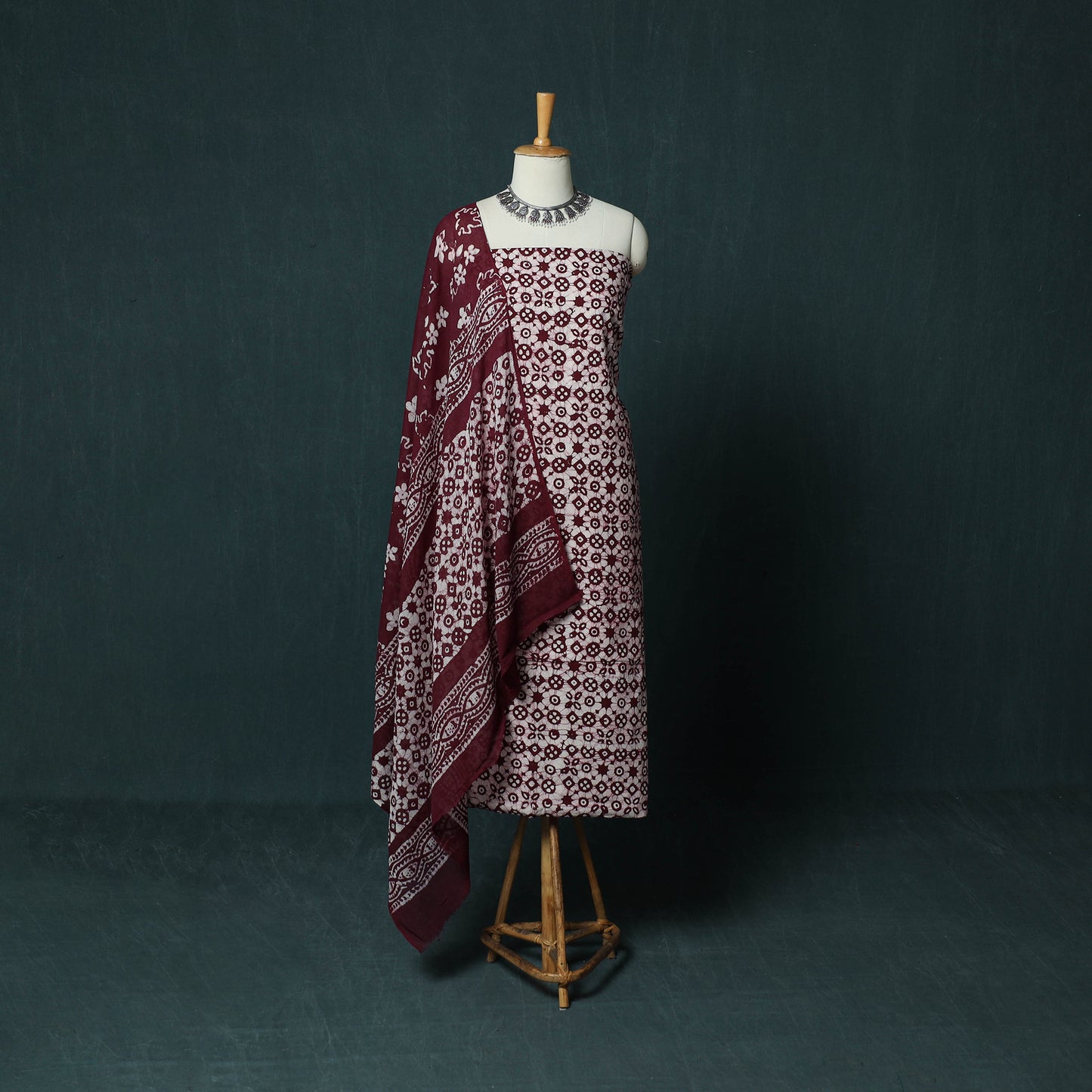 Kutch Hand Block Batik Print Cotton 3pc Unstitched Dress Material Suit Set 04