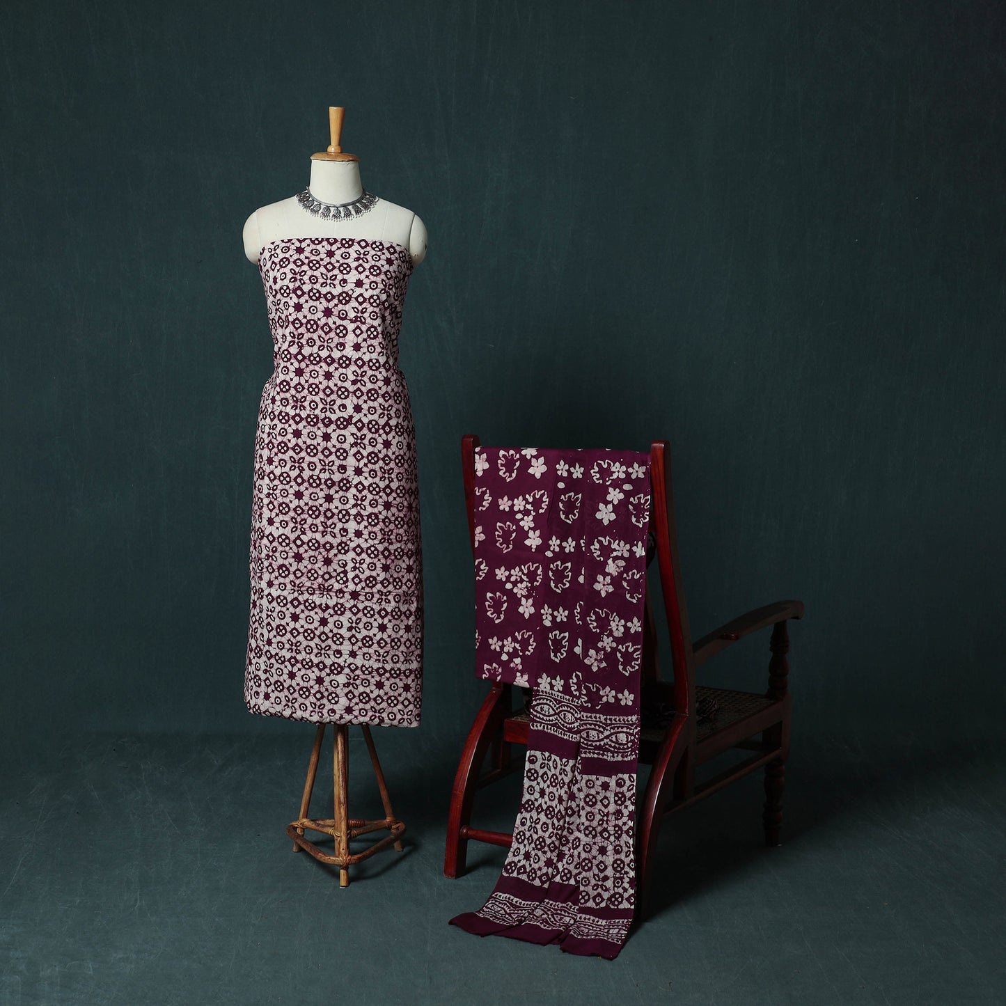 Kutch Hand Block Batik Print Cotton 3pc Unstitched Dress Material Suit Set 04