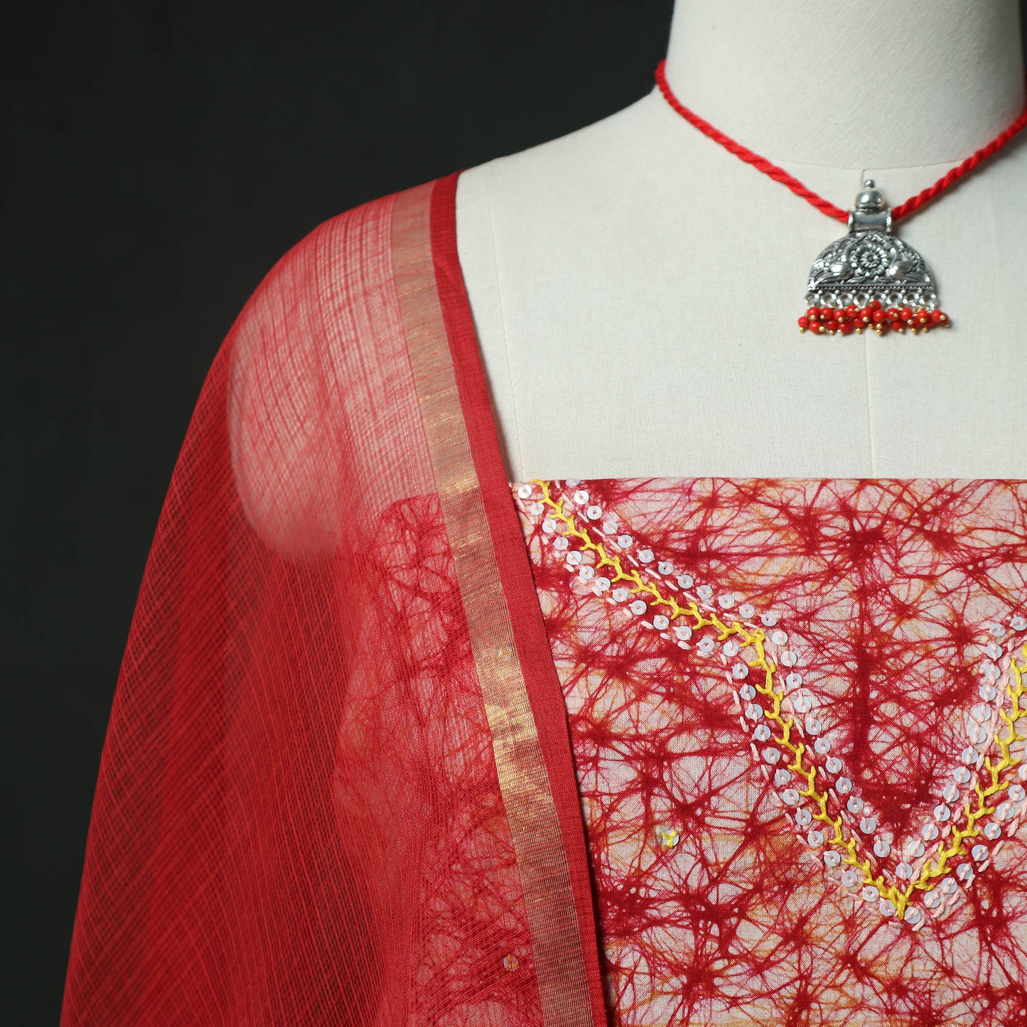 Red - Hand Embroidered Batik Block Print Cotton 2pc Unstitched Dress Material Kurta Set with Jewellery 09