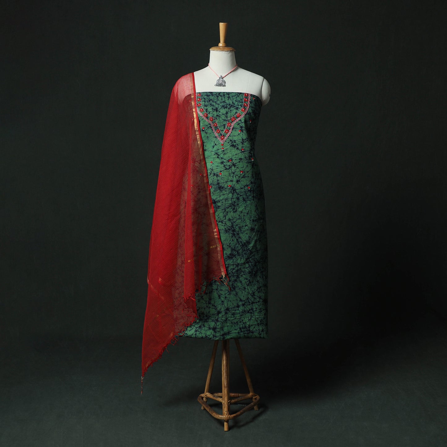 Green - Hand Embroidered Batik Block Print Cotton 2pc Unstitched Dress Material Kurta Set with Jewellery 01