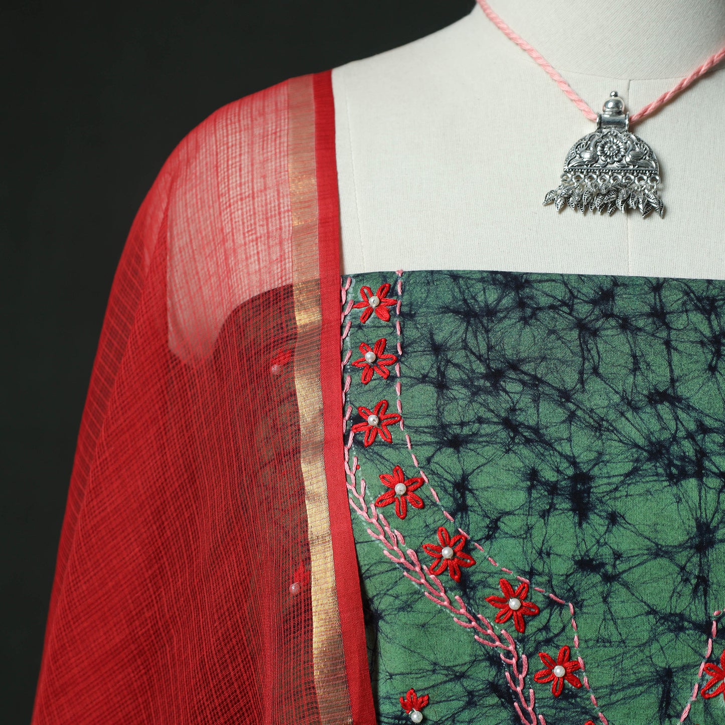 Green - Hand Embroidered Batik Block Print Cotton 2pc Unstitched Dress Material Kurta Set with Jewellery 01
