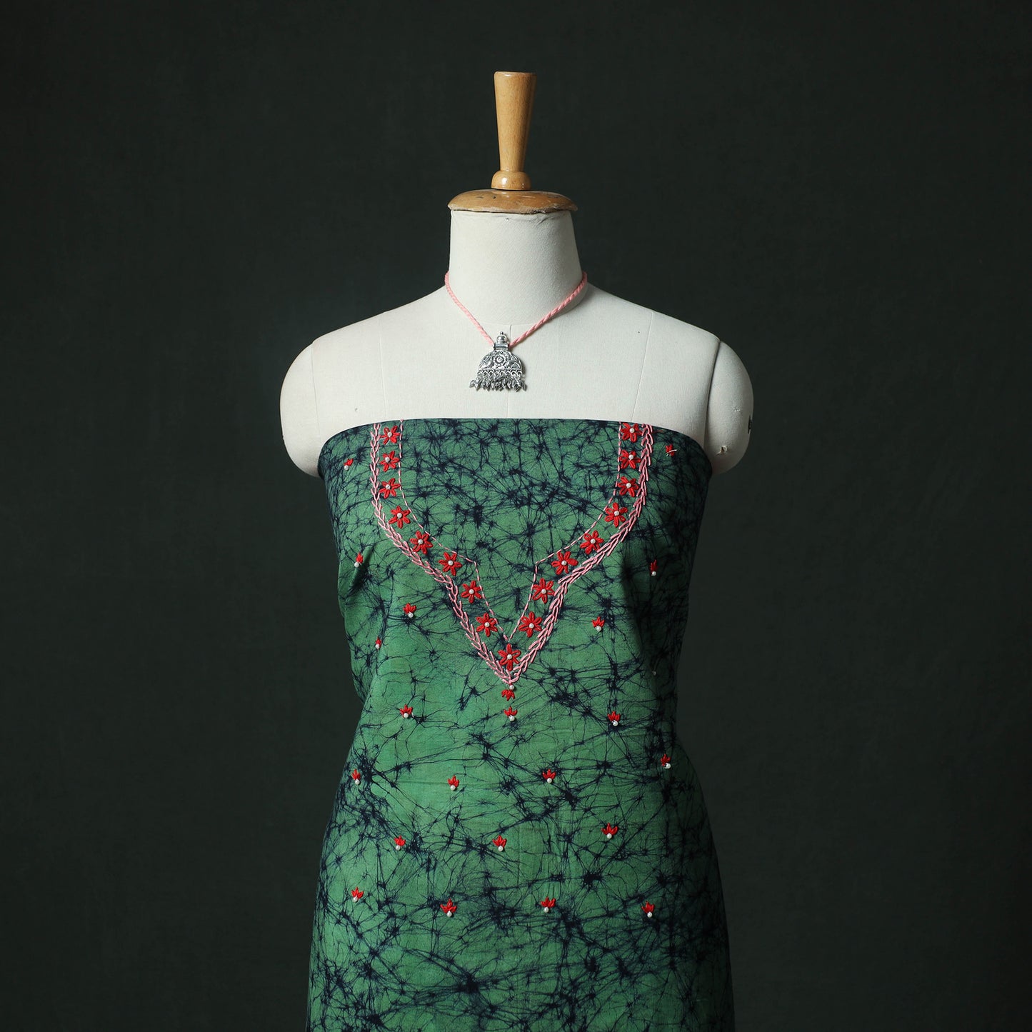 Green - Hand Embroidered Batik Block Print Cotton 2pc Unstitched Dress Material Kurta Set with Jewellery 01