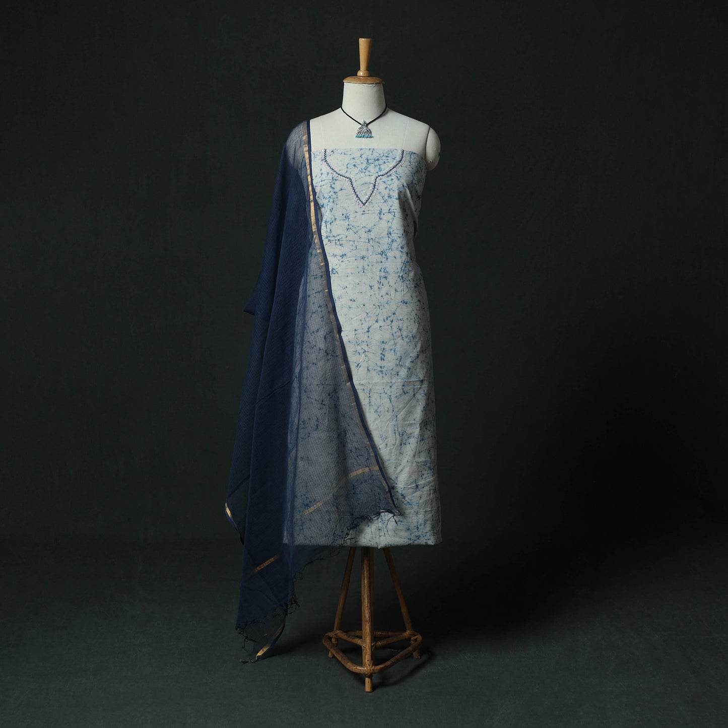 Blue - Hand Embroidered Batik Block Print Cotton 2pc Unstitched Dress Material Kurta Set with Jewellery 02