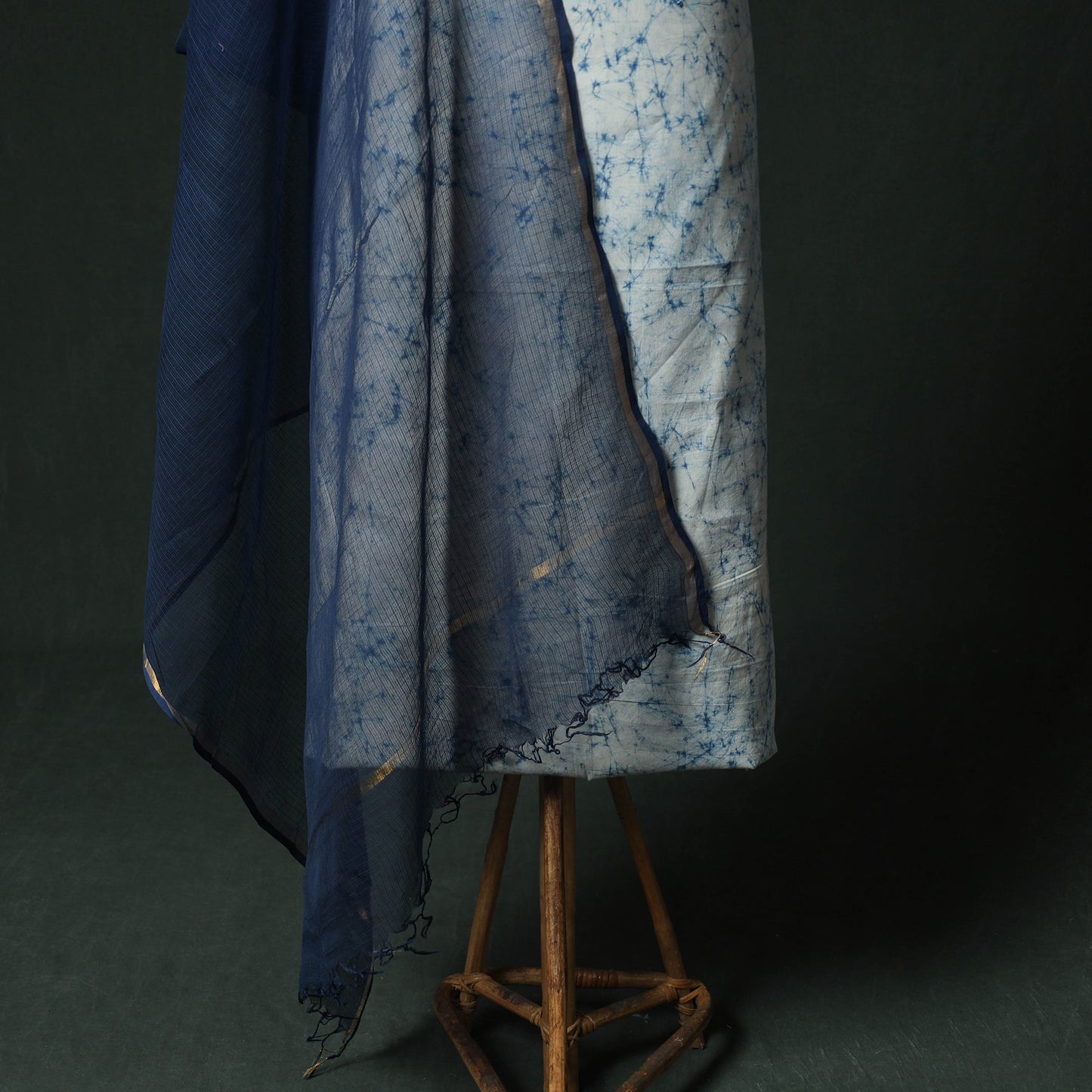 Blue - Hand Embroidered Batik Block Print Cotton 2pc Unstitched Dress Material Kurta Set with Jewellery 02