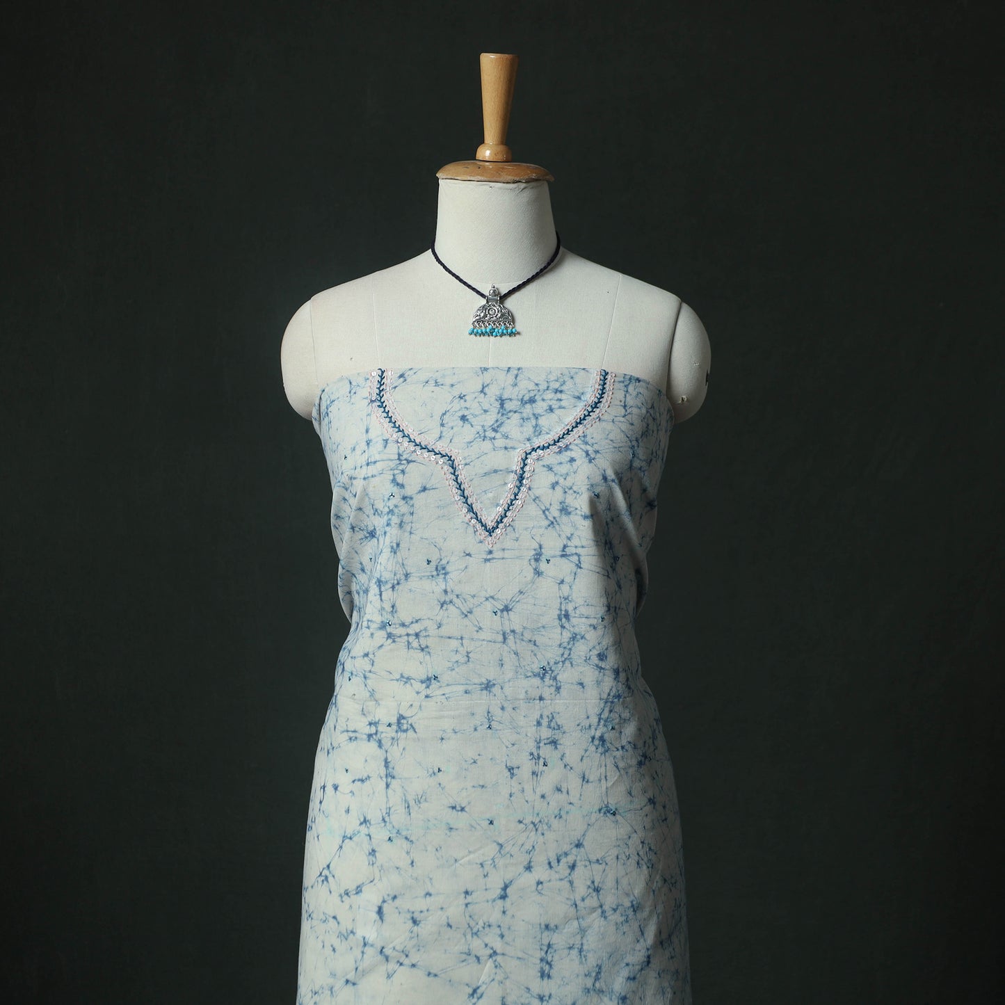 Blue - Hand Embroidered Batik Block Print Cotton 2pc Unstitched Dress Material Kurta Set with Jewellery 02