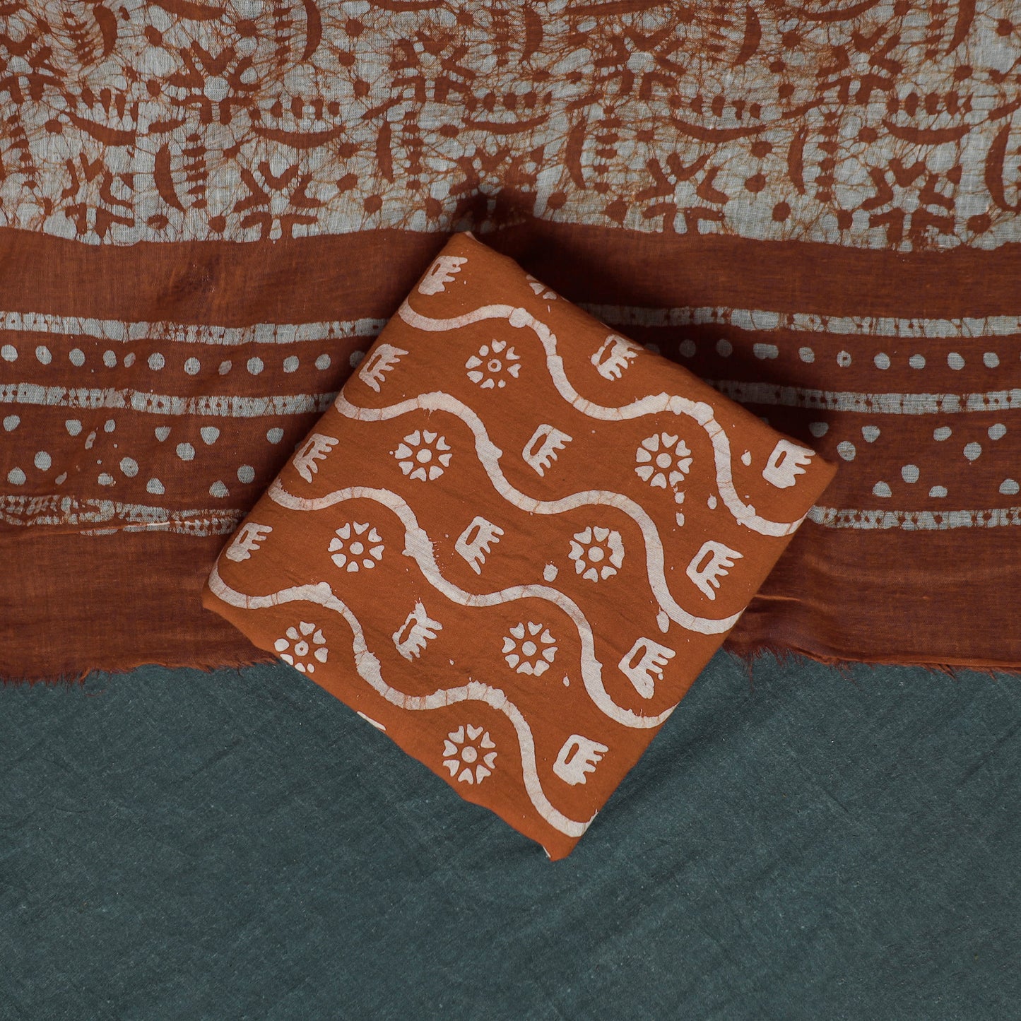 Kutch Hand Block Batik Print Cotton 3pc Unstitched Dress Material Suit Set 06
