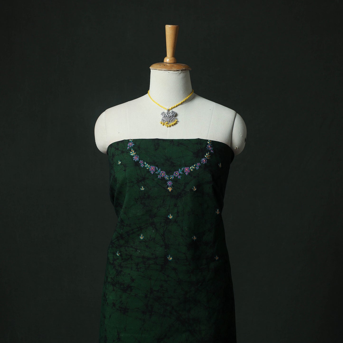 Hand Embroidered Batik Block Print Cotton 2pc Unstitched Dress Material Kurta Set with Jewellery 03