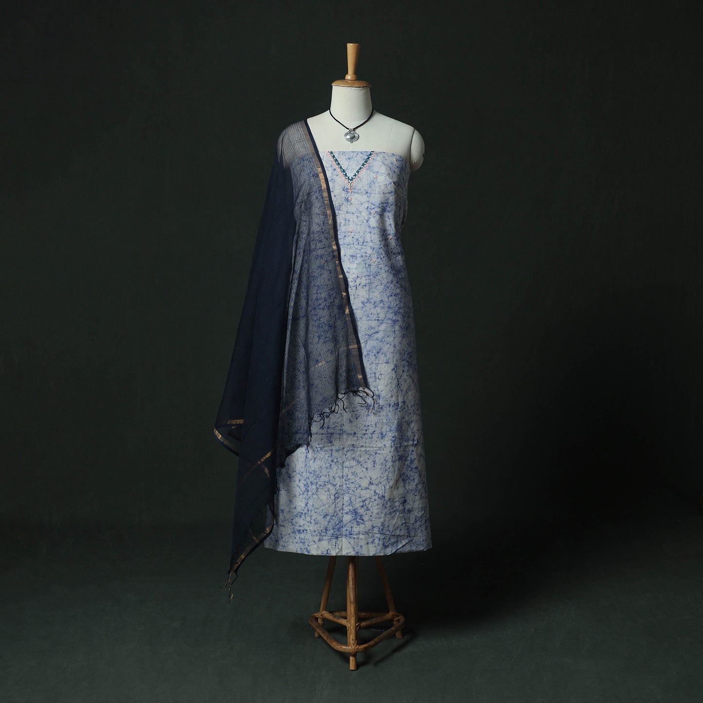 Blue - Hand Embroidered Batik Block Print Cotton 2pc Unstitched Dress Material Kurta Set with Jewellery 05