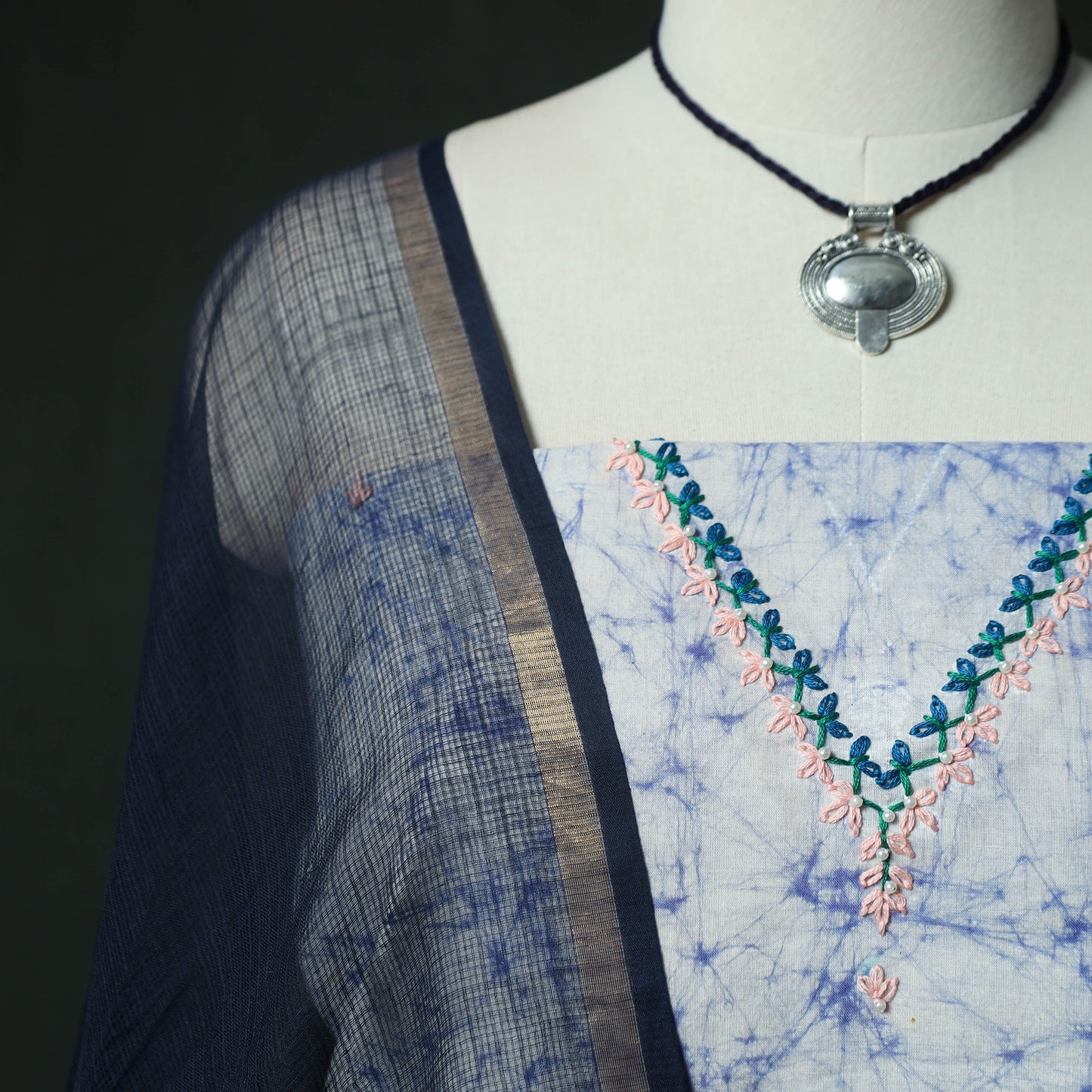 Blue - Hand Embroidered Batik Block Print Cotton 2pc Unstitched Dress Material Kurta Set with Jewellery 05