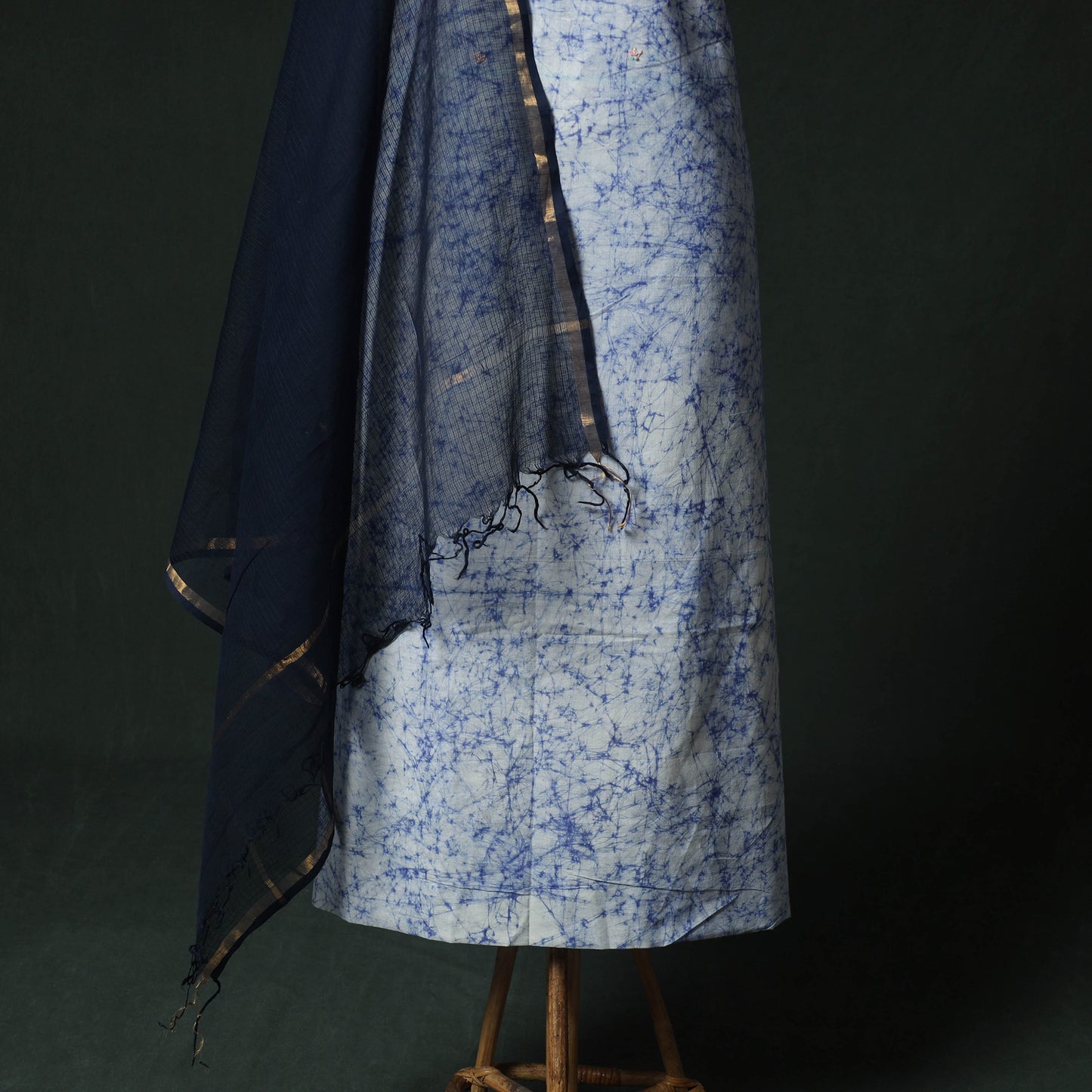 Blue - Hand Embroidered Batik Block Print Cotton 2pc Unstitched Dress Material Kurta Set with Jewellery 05