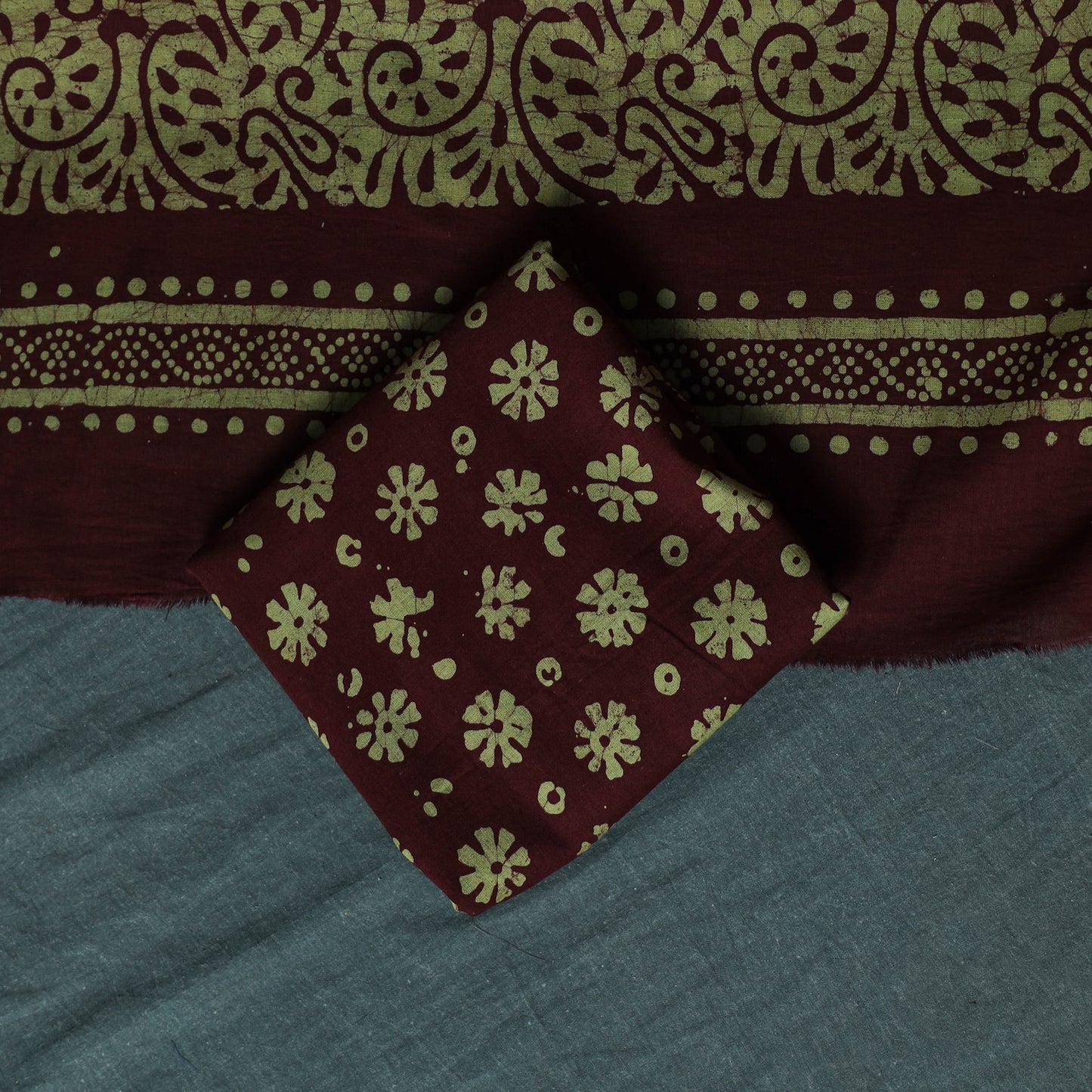 Kutch Hand Block Batik Print Cotton 3pc Unstitched Dress Material Suit Set 09
