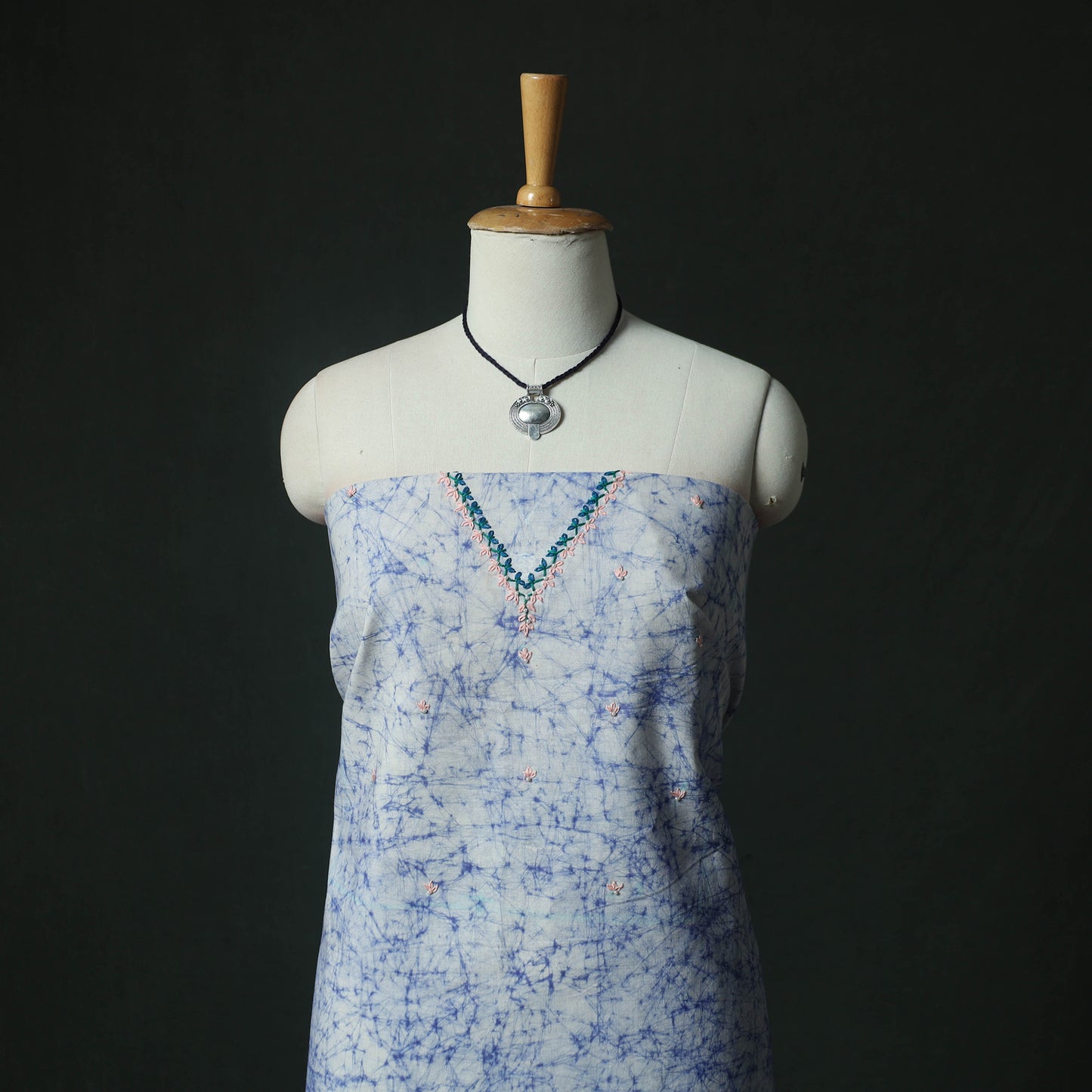 Blue - Hand Embroidered Batik Block Print Cotton 2pc Unstitched Dress Material Kurta Set with Jewellery 05