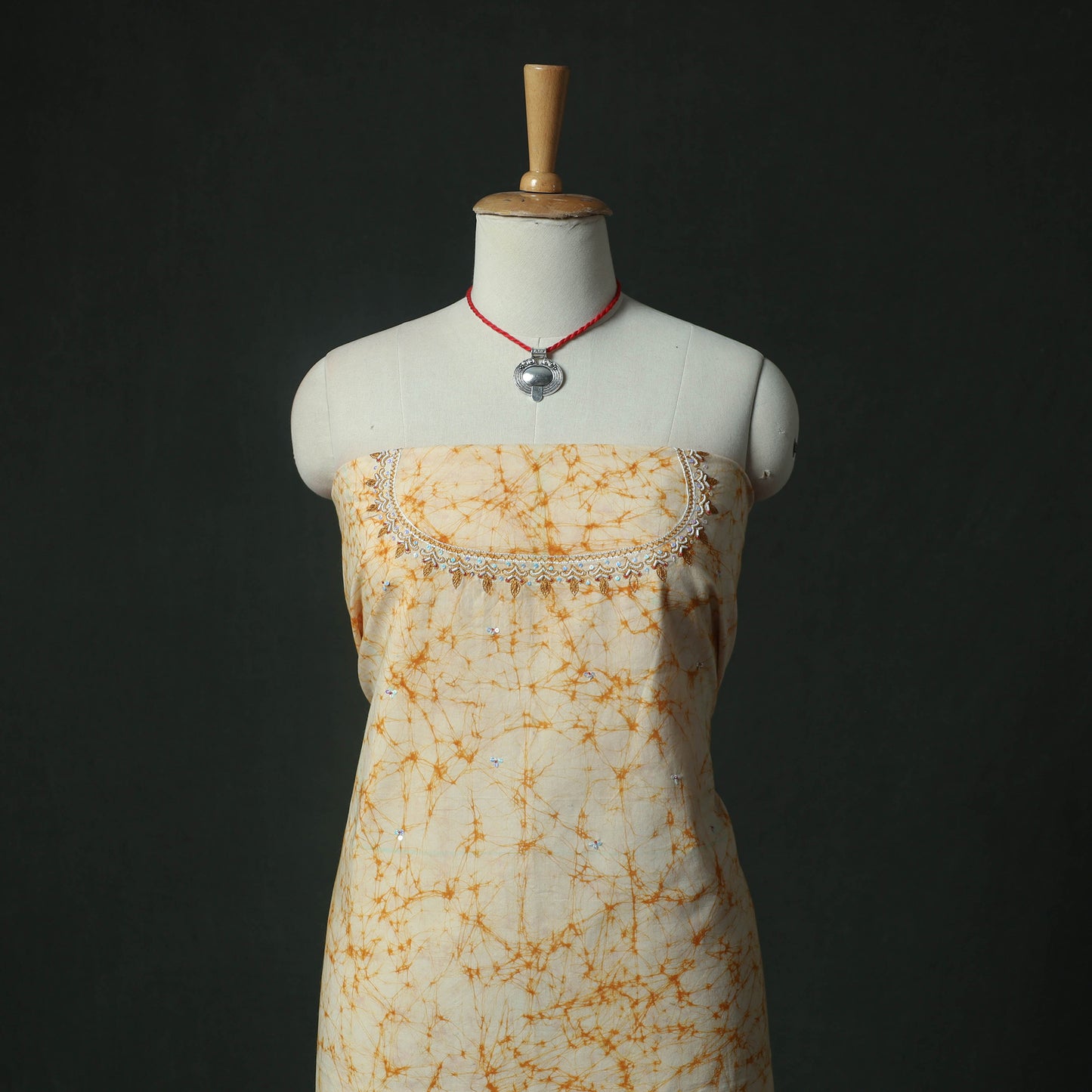 Yellow - Hand Embroidered Batik Block Print Cotton 2pc Unstitched Dress Material Kurta Set with Jewellery 06