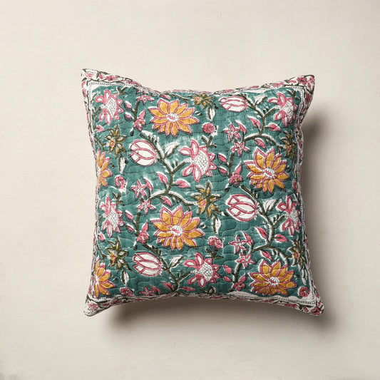 Green - Sanganeri Block Printed Quilted Cotton Cushion Cover (16 x 16 in)
