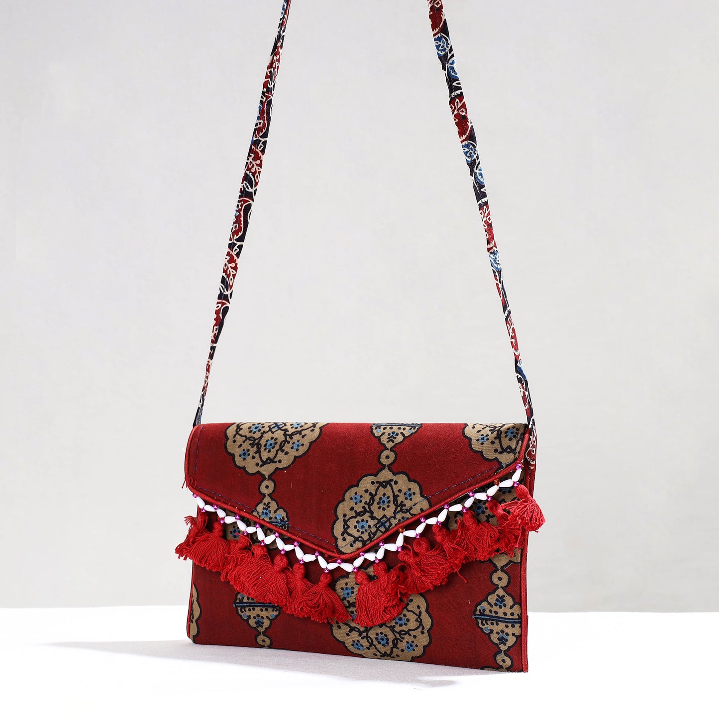 Red - Ajrakh Hand Block Printed Sling Bag with Tassels