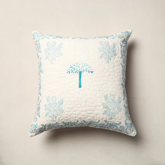 Blue - Sanganeri Block Printed Quilted Cotton Cushion Cover (16 x 16 in)