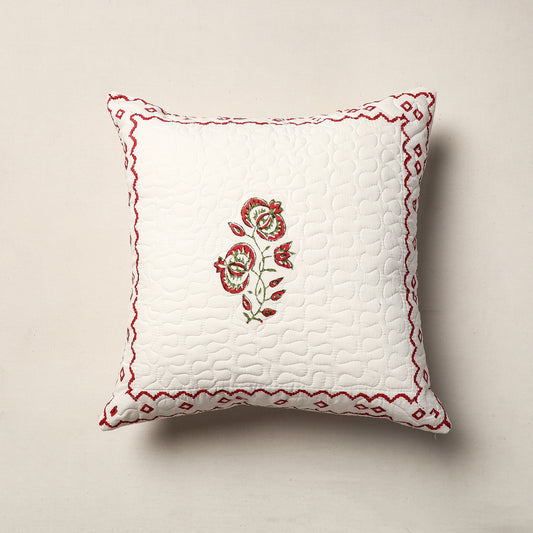 White - Sanganeri Block Printed Quilted Cotton Cushion Cover (16 x 16 in)
