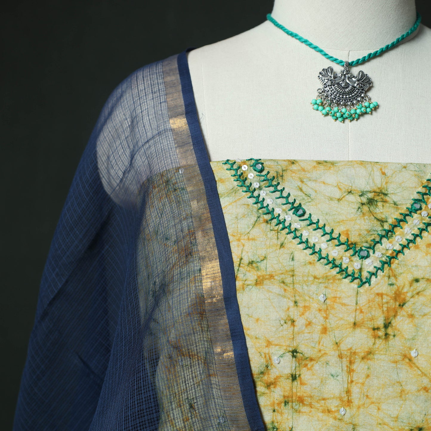 Yellow - Hand Embroidered Batik Block Print Cotton 2pc Unstitched Dress Material Kurta Set with Jewellery 10