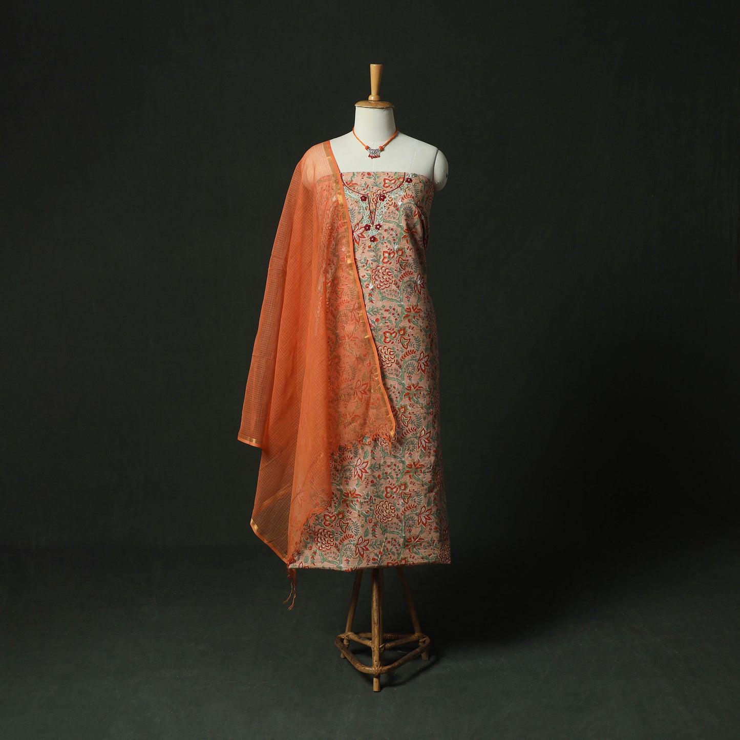 Beige - Hand Embroidered Sanganeri Block Print Cotton 2pc Unstitched Dress Material Kurta Set with Jewellery 01