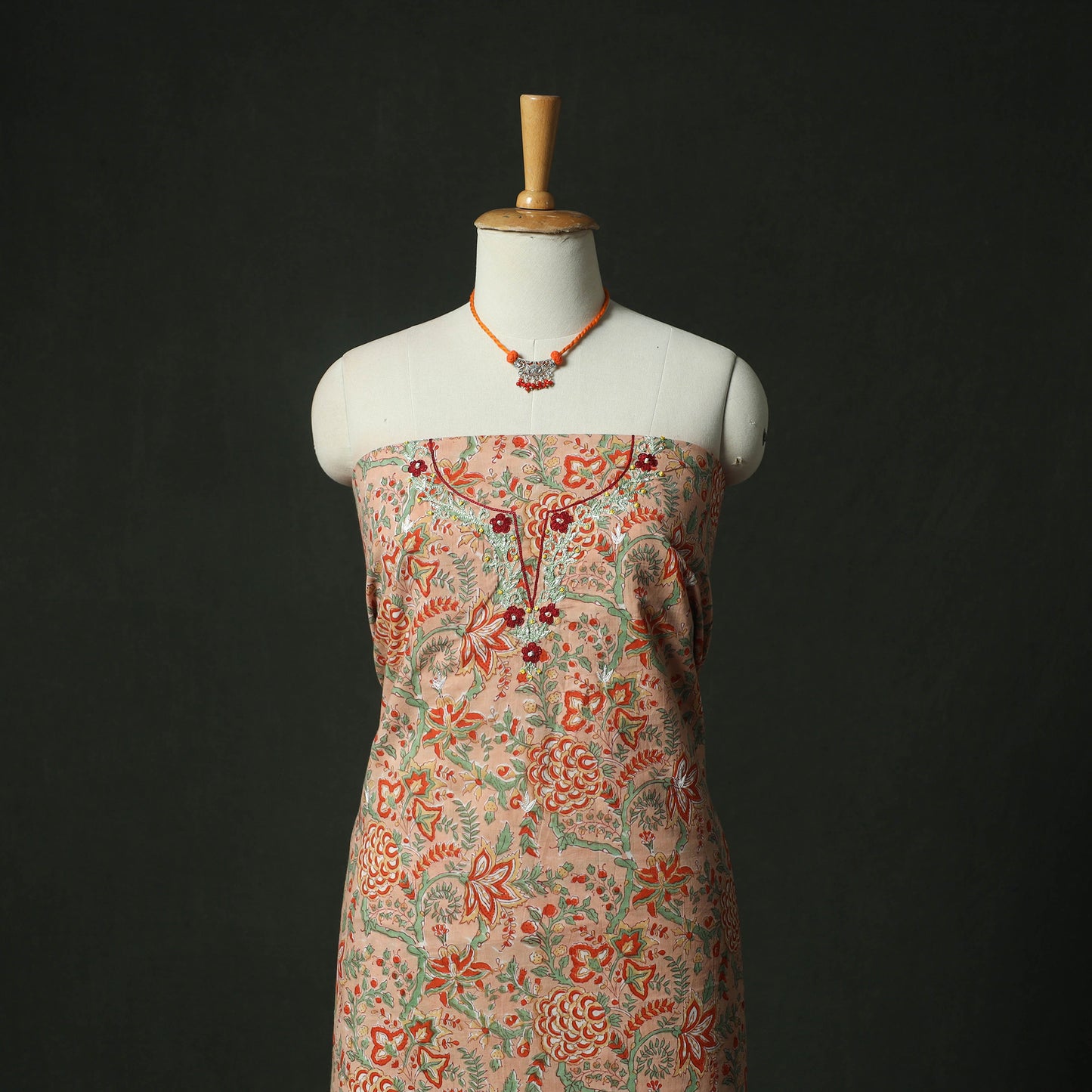 Beige - Hand Embroidered Sanganeri Block Print Cotton 2pc Unstitched Dress Material Kurta Set with Jewellery 01
