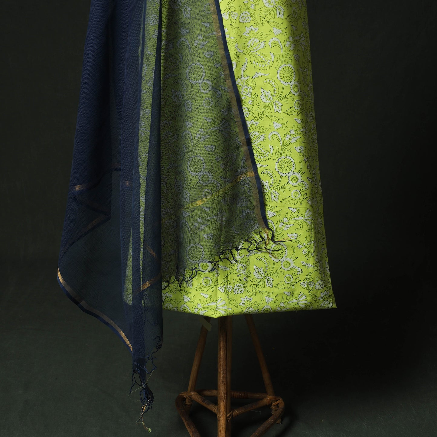 Green - Hand Embroidered Sanganeri Block Print Cotton 2pc Unstitched Dress Material Kurta Set with Jewellery 02