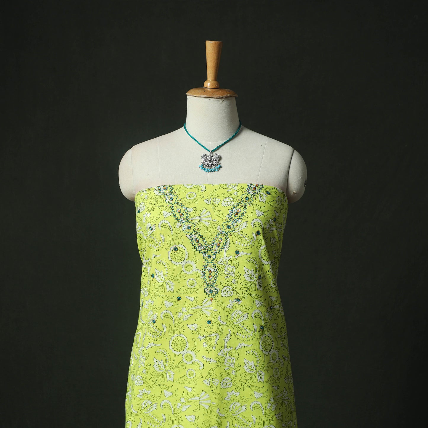 Green - Hand Embroidered Sanganeri Block Print Cotton 2pc Unstitched Dress Material Kurta Set with Jewellery 02