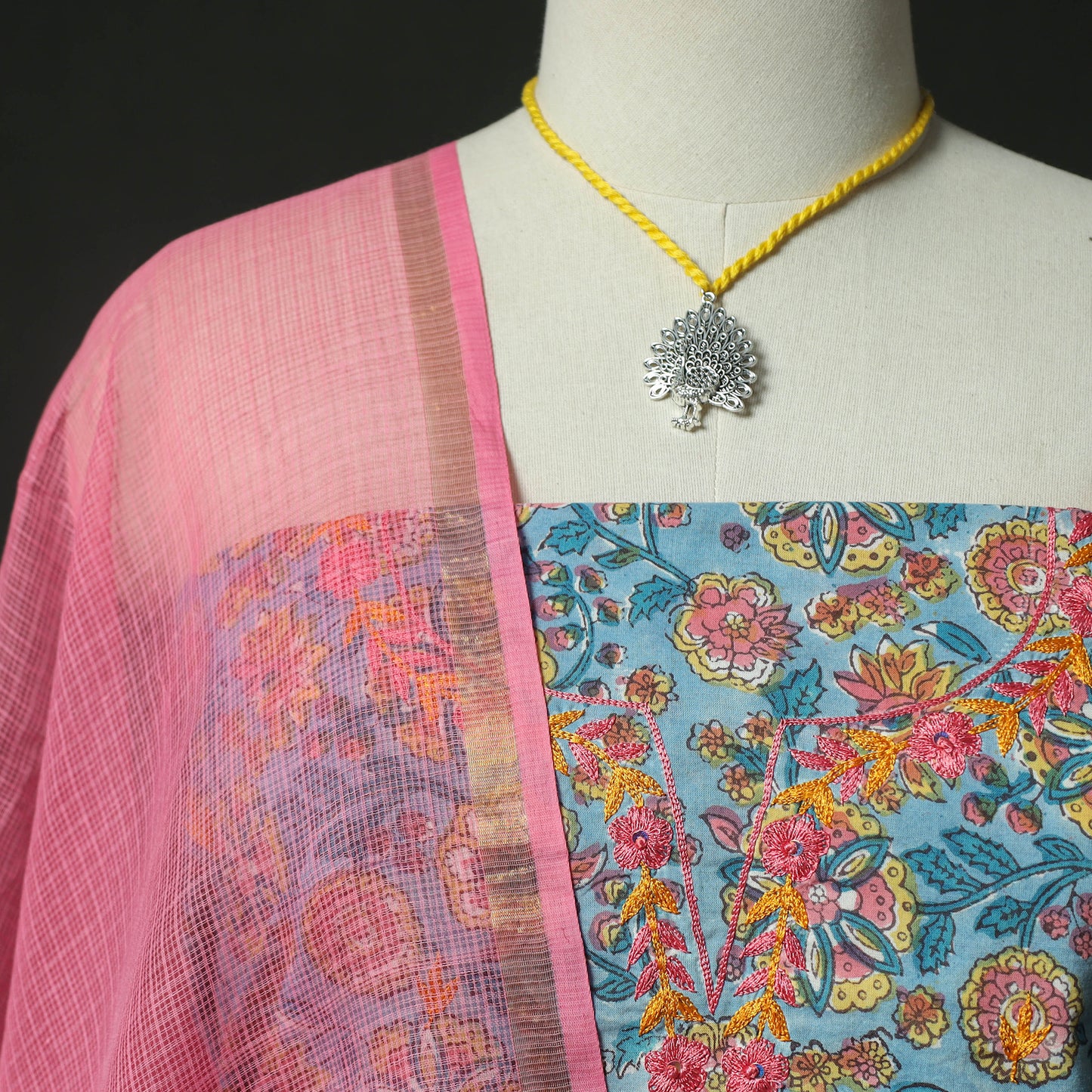 Blue - Hand Embroidered Sanganeri Block Print Cotton 2pc Unstitched Dress Material Kurta Set with Jewellery 03