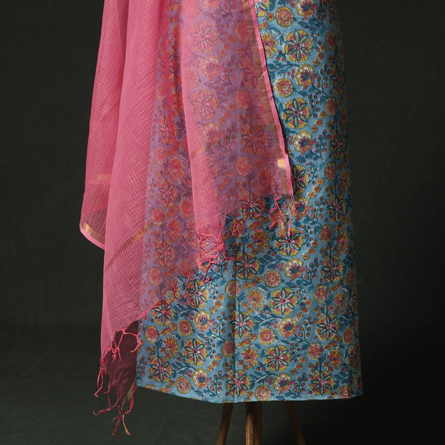 Blue - Hand Embroidered Sanganeri Block Print Cotton 2pc Unstitched Dress Material Kurta Set with Jewellery 03