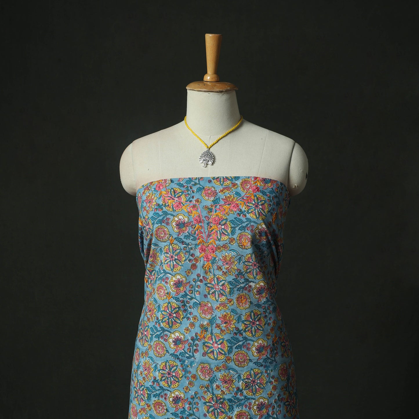 Blue - Hand Embroidered Sanganeri Block Print Cotton 2pc Unstitched Dress Material Kurta Set with Jewellery 03