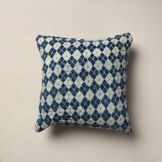 Blue - Sanganeri Block Printed Tagai Work Quilted Cotton Cushion Cover (16 x 16 in)