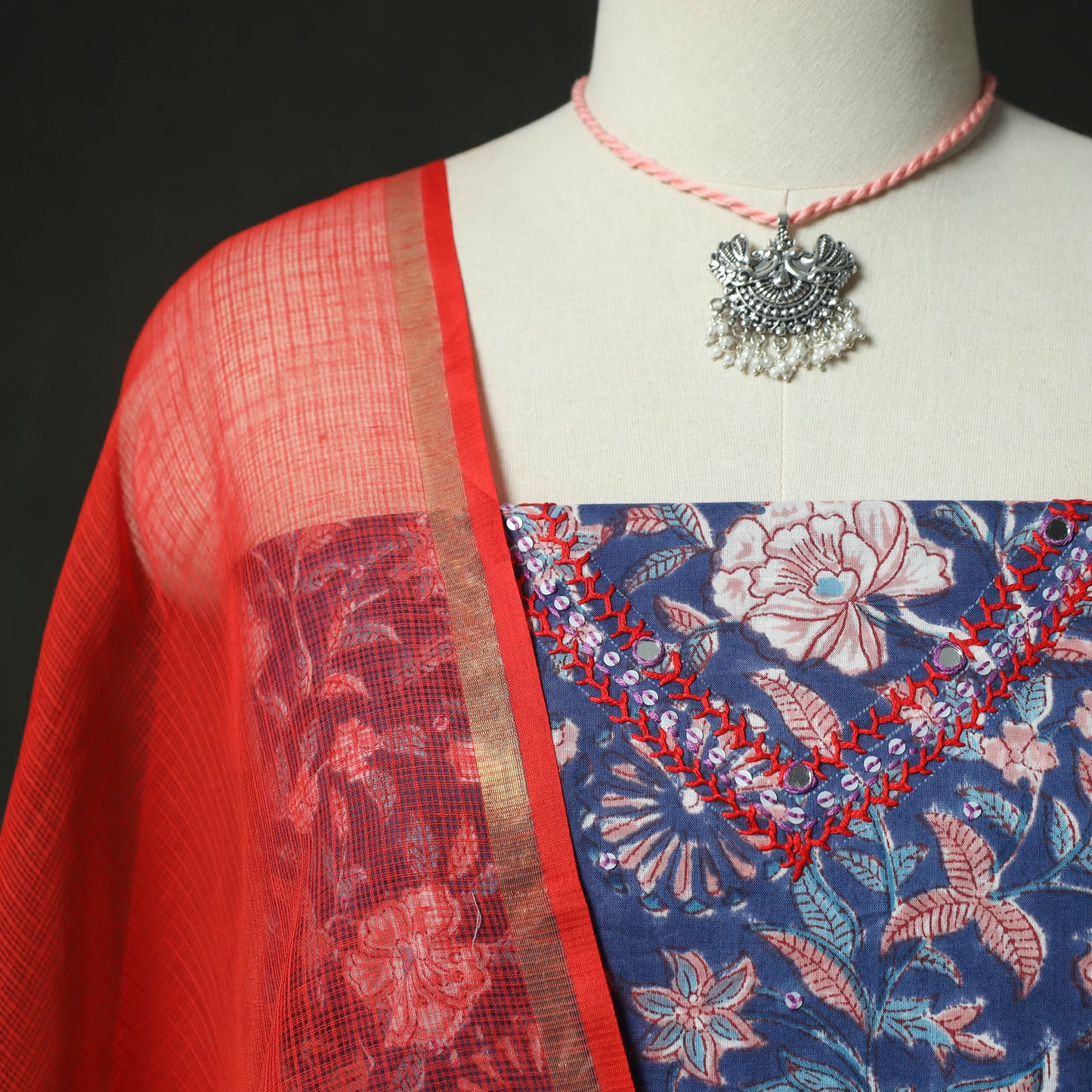 Blue - Hand Embroidered Sanganeri Block Print Cotton 2pc Unstitched Dress Material Kurta Set with Jewellery 04