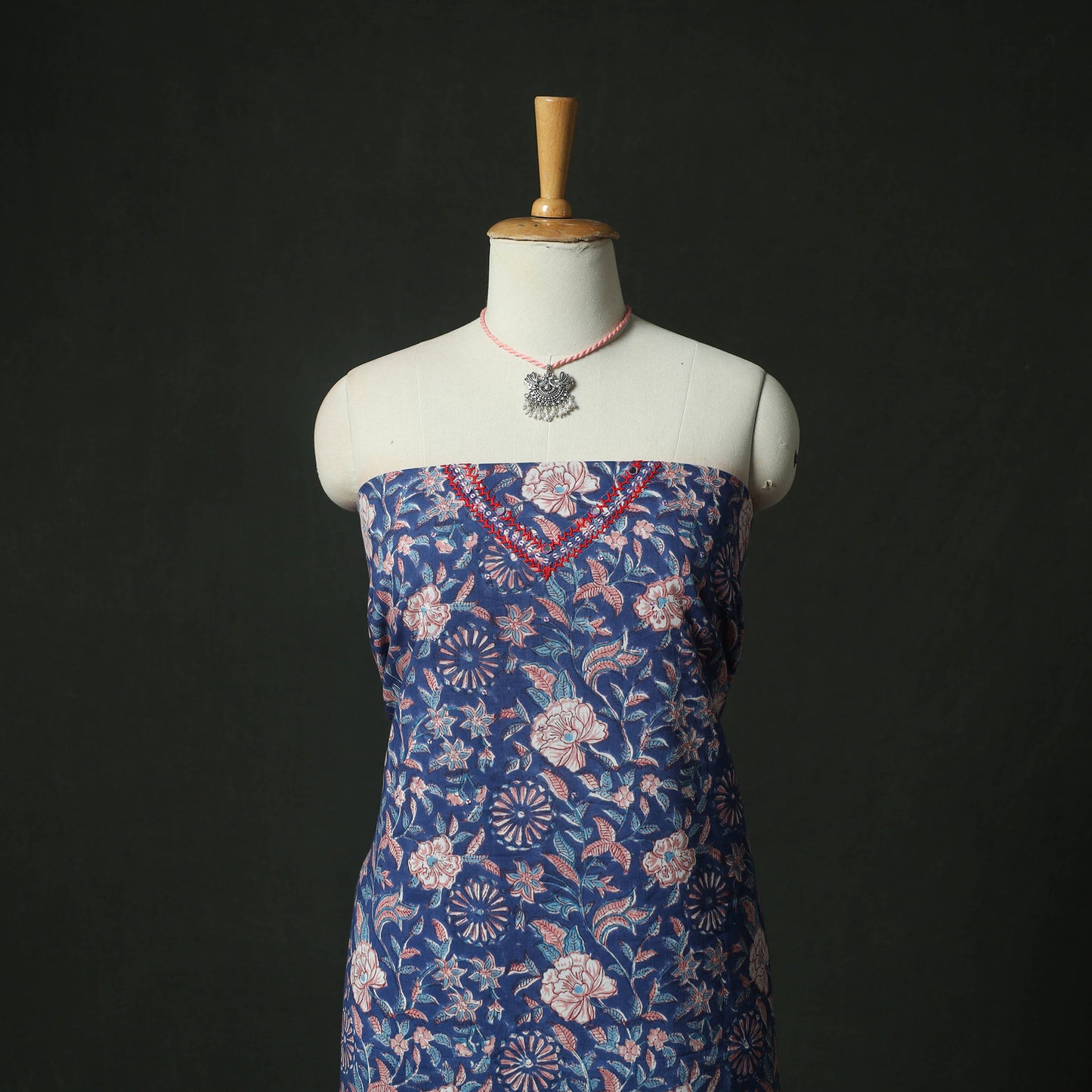 Blue - Hand Embroidered Sanganeri Block Print Cotton 2pc Unstitched Dress Material Kurta Set with Jewellery 04