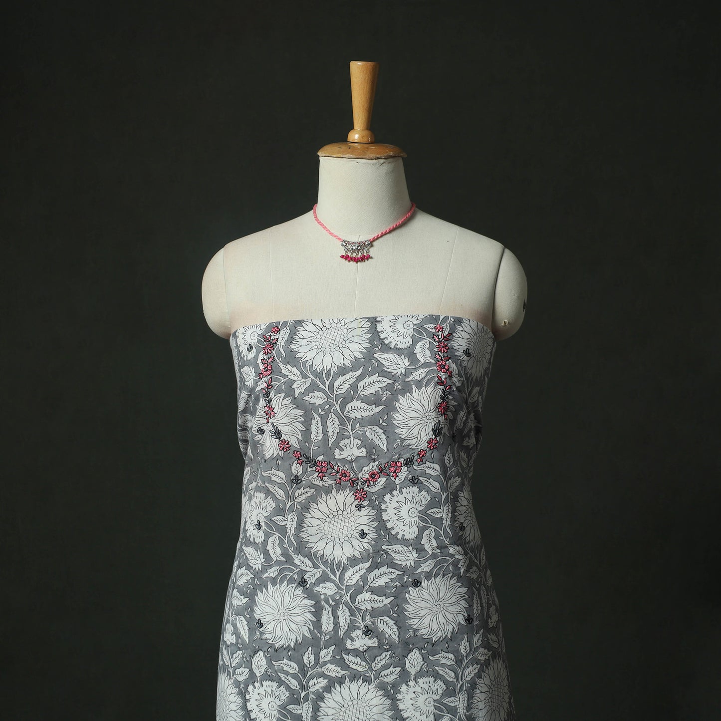 Grey - Hand Embroidered Sanganeri Block Print Cotton 2pc Unstitched Dress Material Kurta Set with Jewellery 05