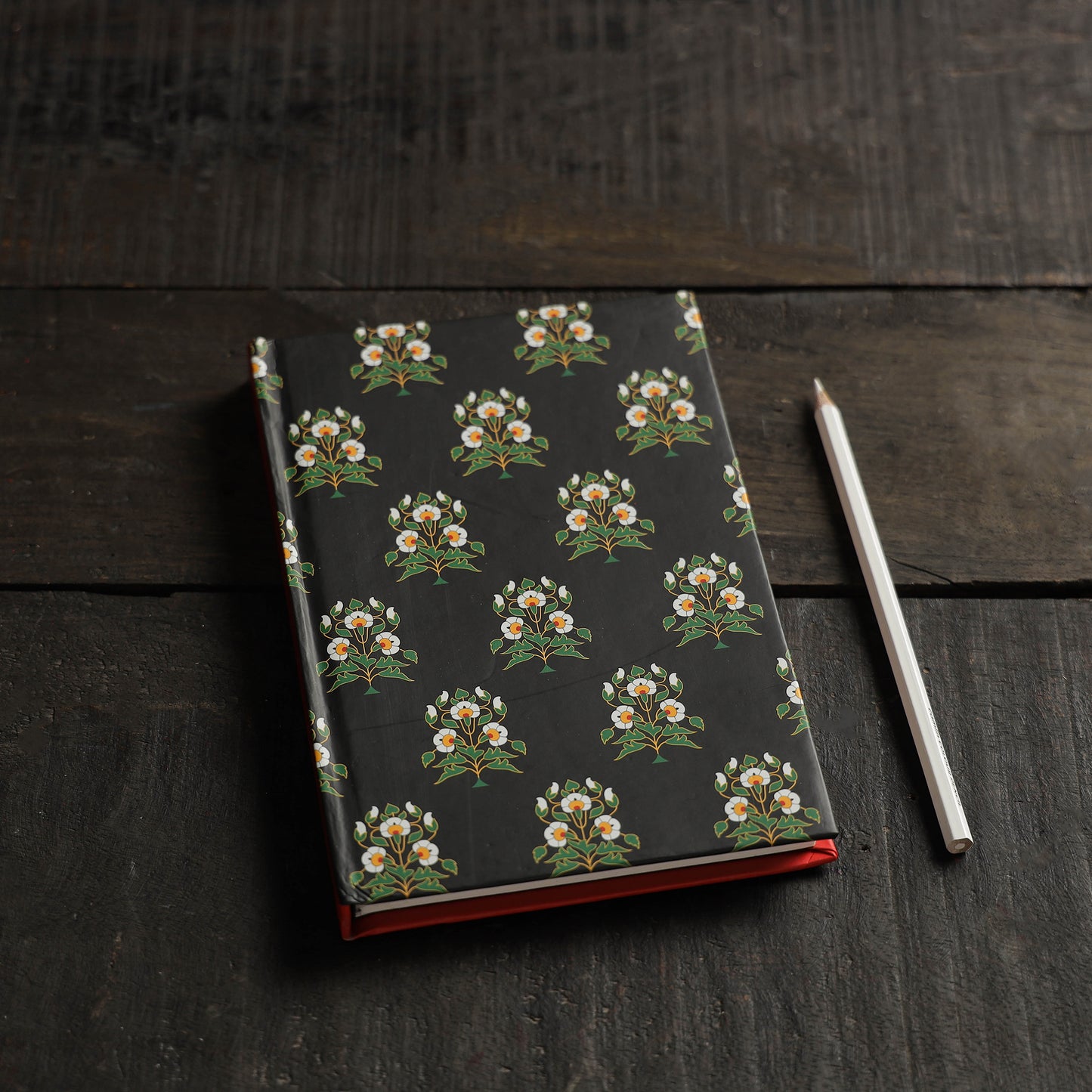 Black - flower motif handmade notebook - handcrafted