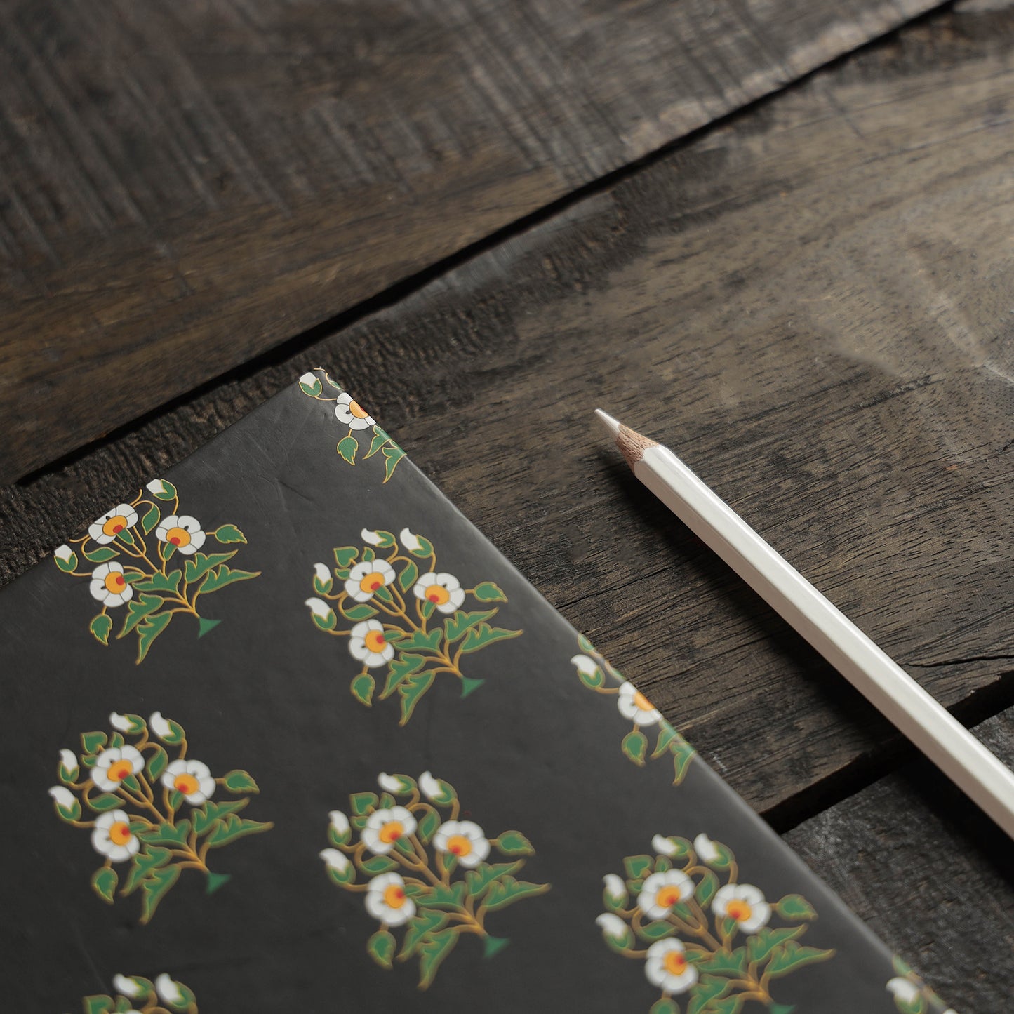 Black - flower motif handmade notebook - handcrafted