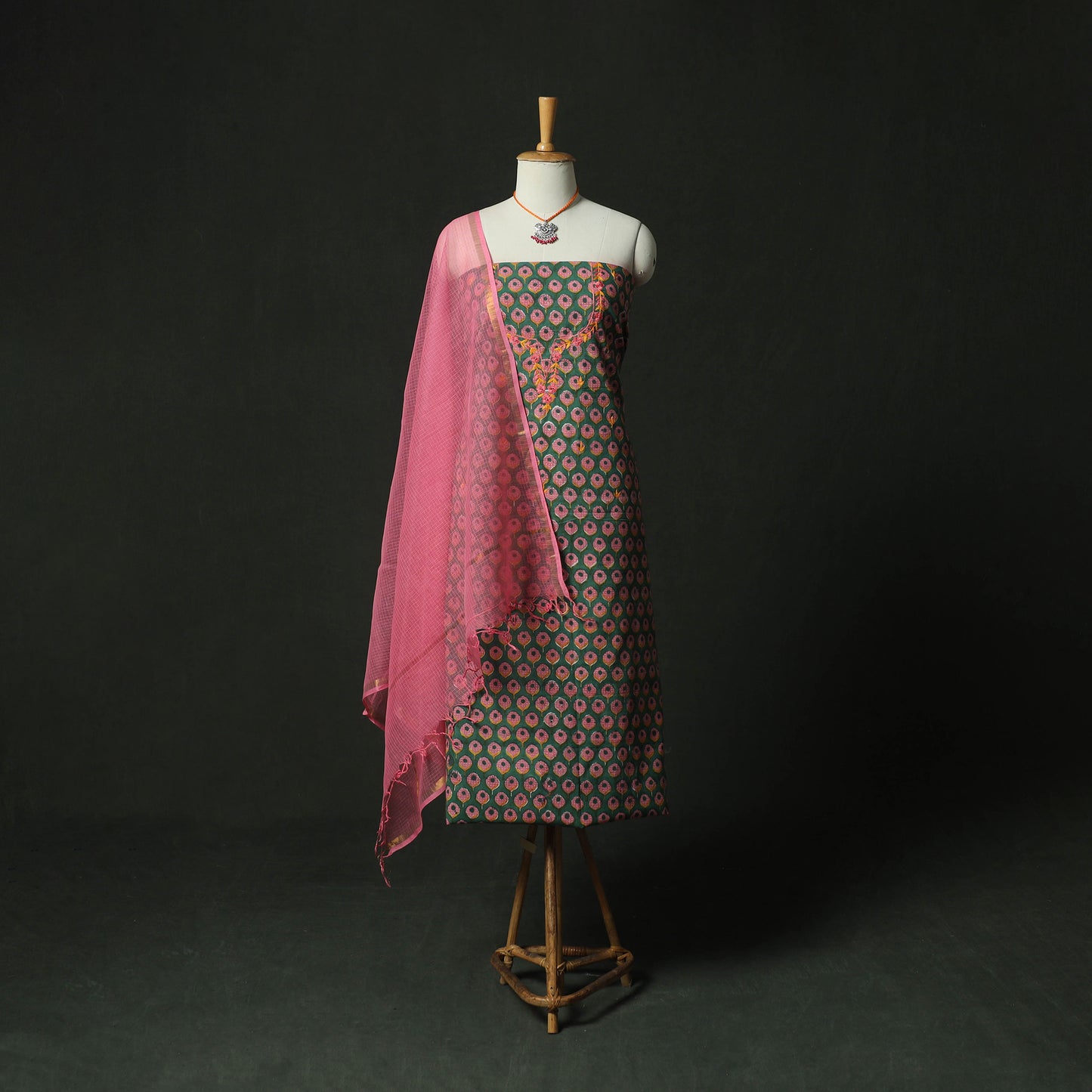 Green - Hand Embroidered Sanganeri Block Print Cotton 2pc Unstitched Dress Material Kurta Set with Jewellery 06