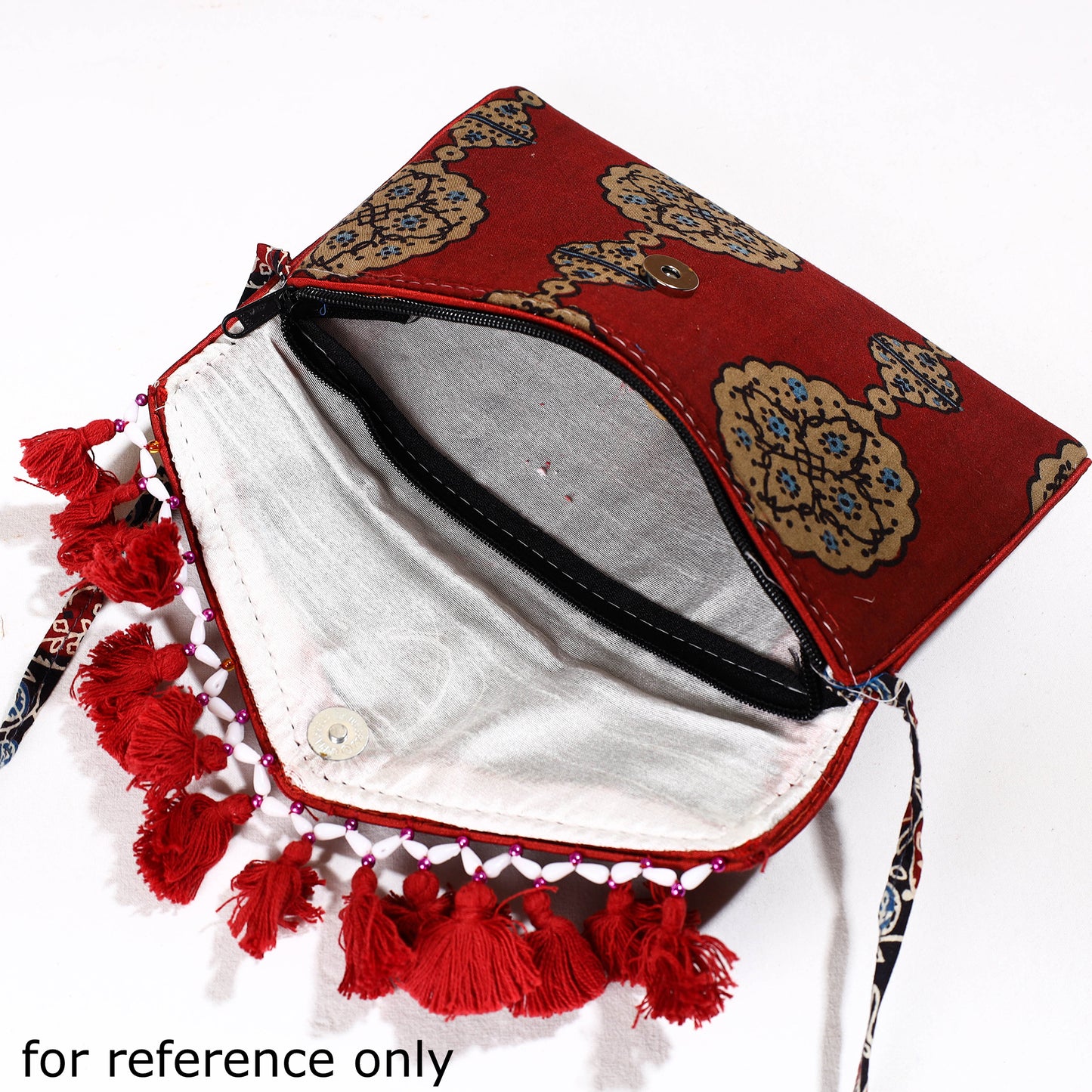 Red - Ajrakh Hand Block Printed Sling Bag with Tassels