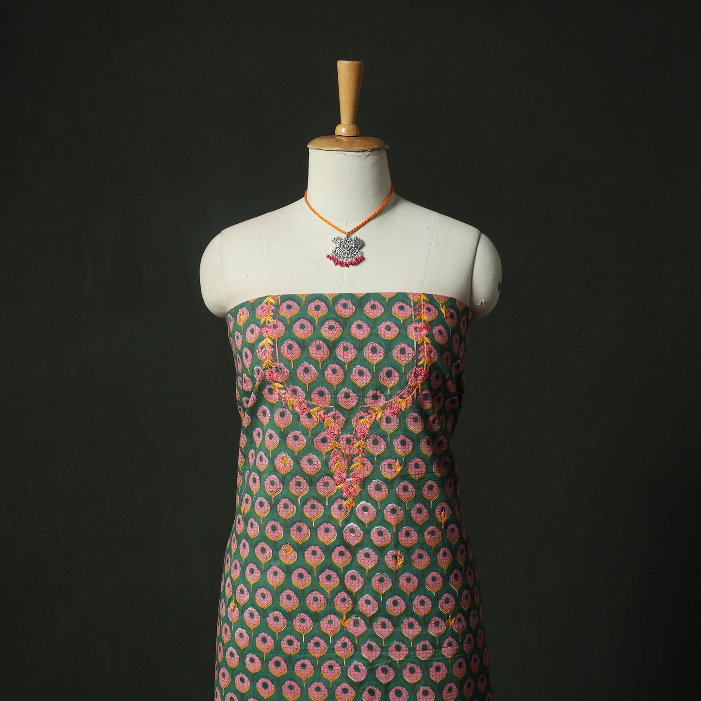 Green - Hand Embroidered Sanganeri Block Print Cotton 2pc Unstitched Dress Material Kurta Set with Jewellery 06