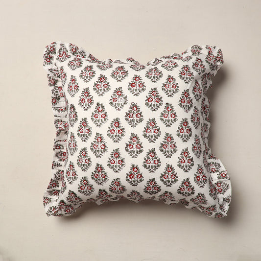 Multicolor - Sanganeri Block Printed Cotton Frill Cushion Cover (18 x 18 in)