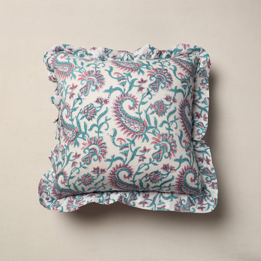 Blue - Sanganeri Block Printed Cotton Frill Cushion Cover (18 x 18 in)