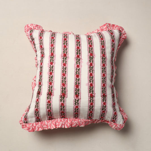 Pink - Sanganeri Block Printed Cotton Frill Cushion Cover (18 x 18 in)