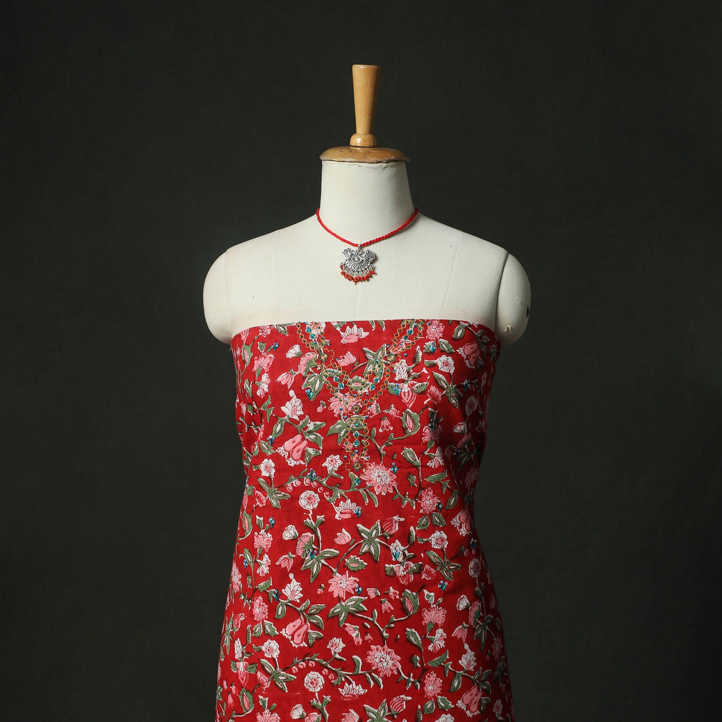 Red - Hand Embroidered Sanganeri Block Print Cotton 2pc Unstitched Dress Material Kurta Set with Jewellery 07