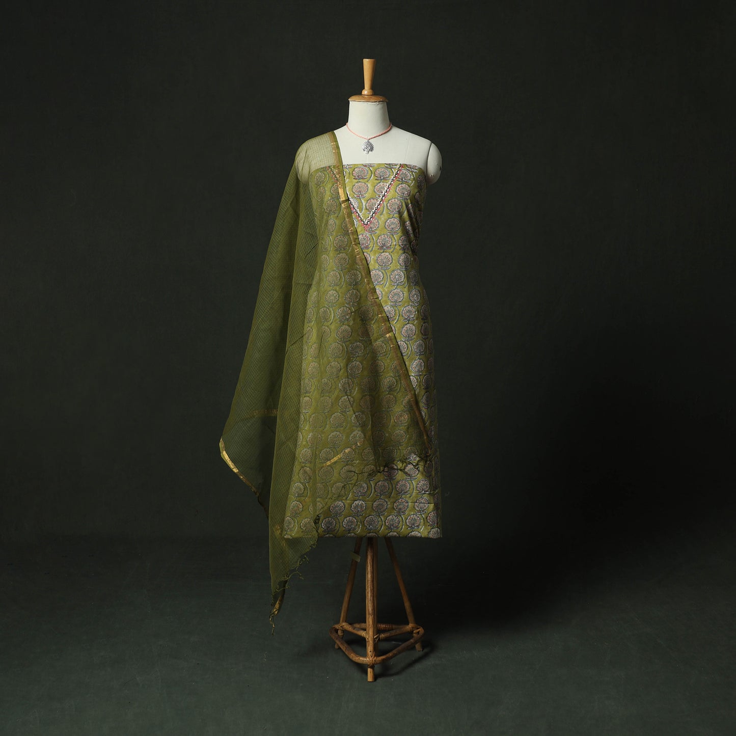 Green - Hand Embroidered Sanganeri Block Print Cotton 2pc Unstitched Dress Material Kurta Set with Jewellery 08