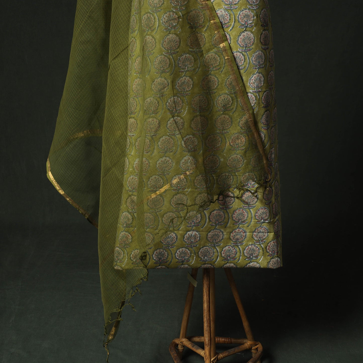 Green - Hand Embroidered Sanganeri Block Print Cotton 2pc Unstitched Dress Material Kurta Set with Jewellery 08