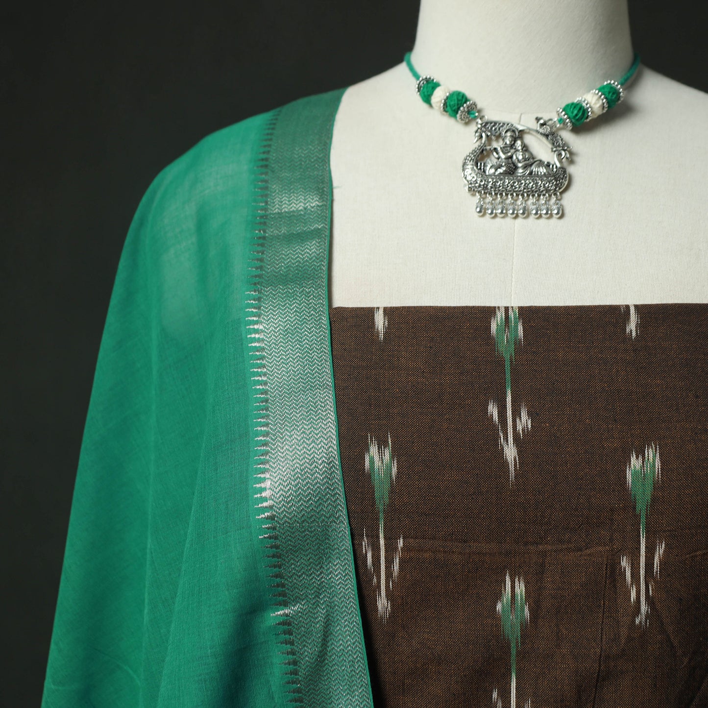 Brown - Pochampally Ikat Weave Cotton 2pc Unstitched Dress Material Kurta Set with Jewellery 01